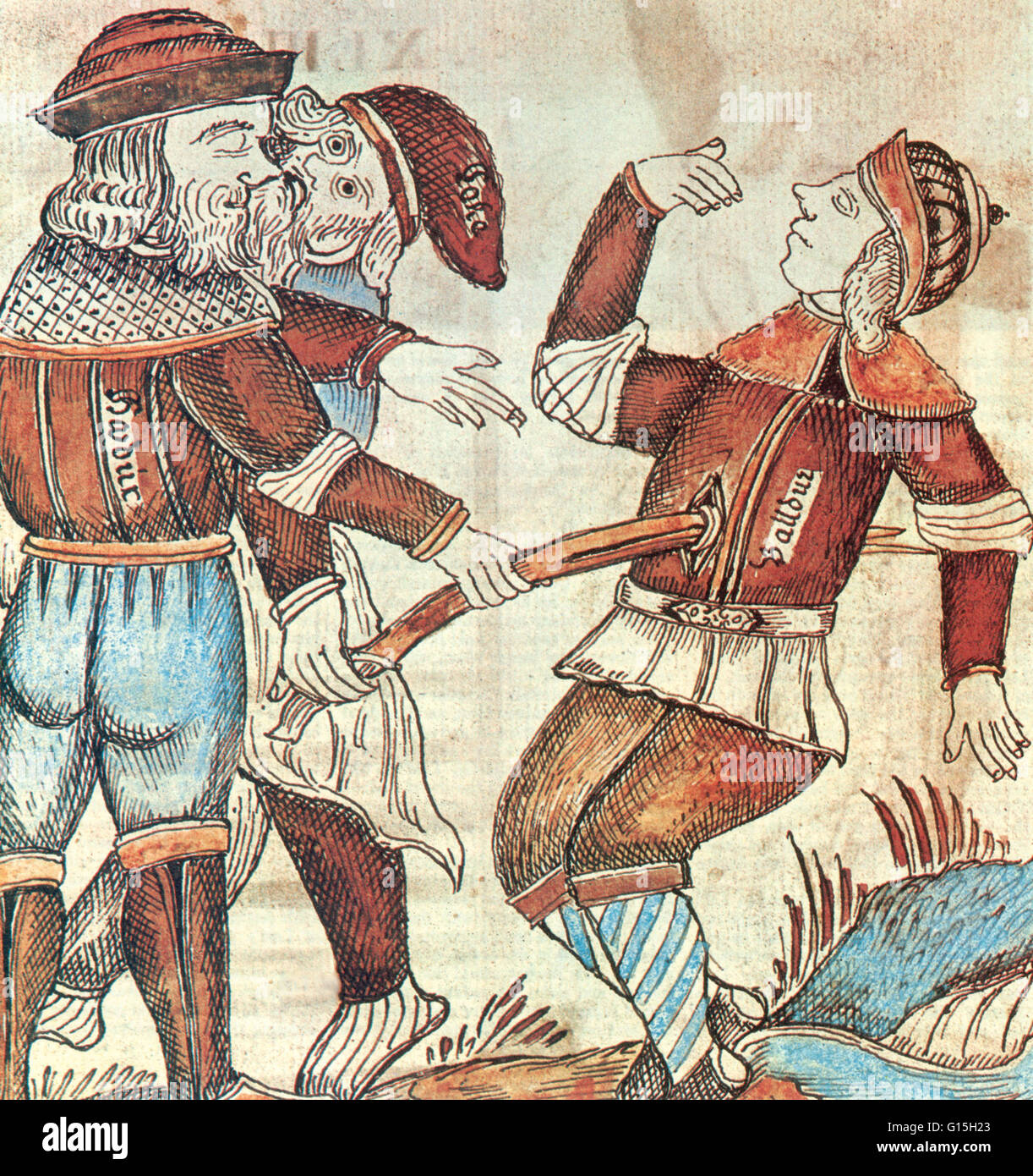 Illustration représentant le dieu nordique Loki consultation d'orchestrer la mort de Baldr aux mains de l'aveugle dieu Hoder, loi qui a ouvert la voie de la catastrophe finale du Crépuscule des dieux. À partir d'un 18e siècle dans le manuscrit islandais Banque D'Images
