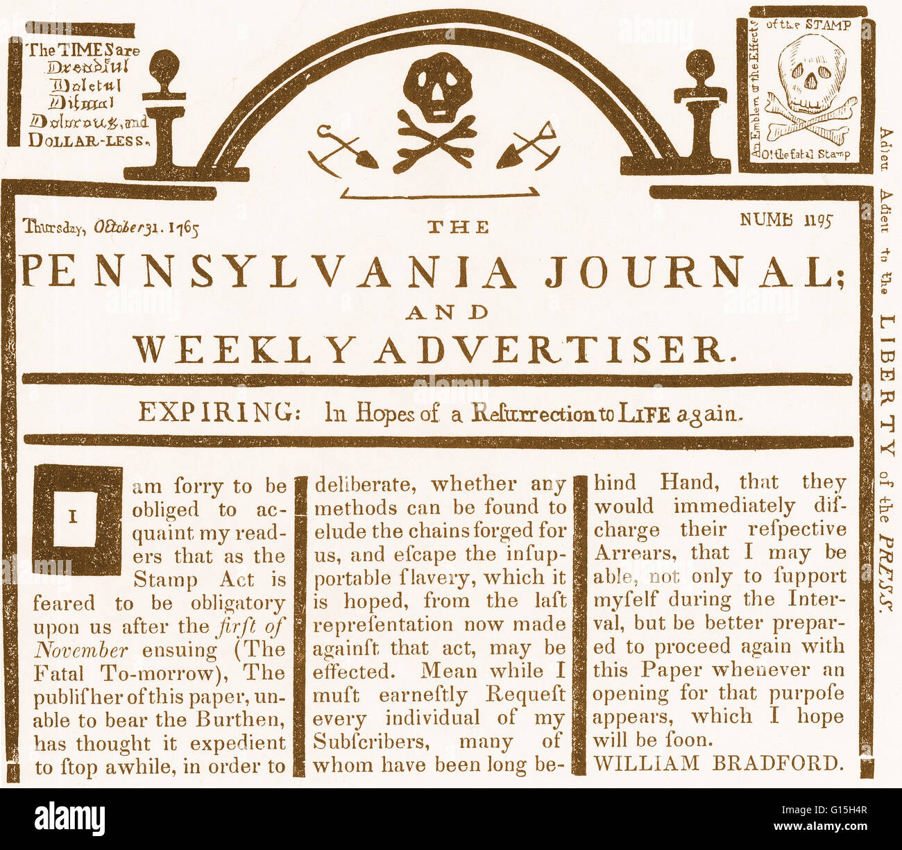 Le New York Journal, un hebdomadaire publié par William Bradford au cours du 18e siècle. Le premier numéro est paru en décembre 1742. Cette page de couverture est d'Octobre 31st, 1765, et contient une réponse à la Loi sur le timbre, le papier qui ann Banque D'Images