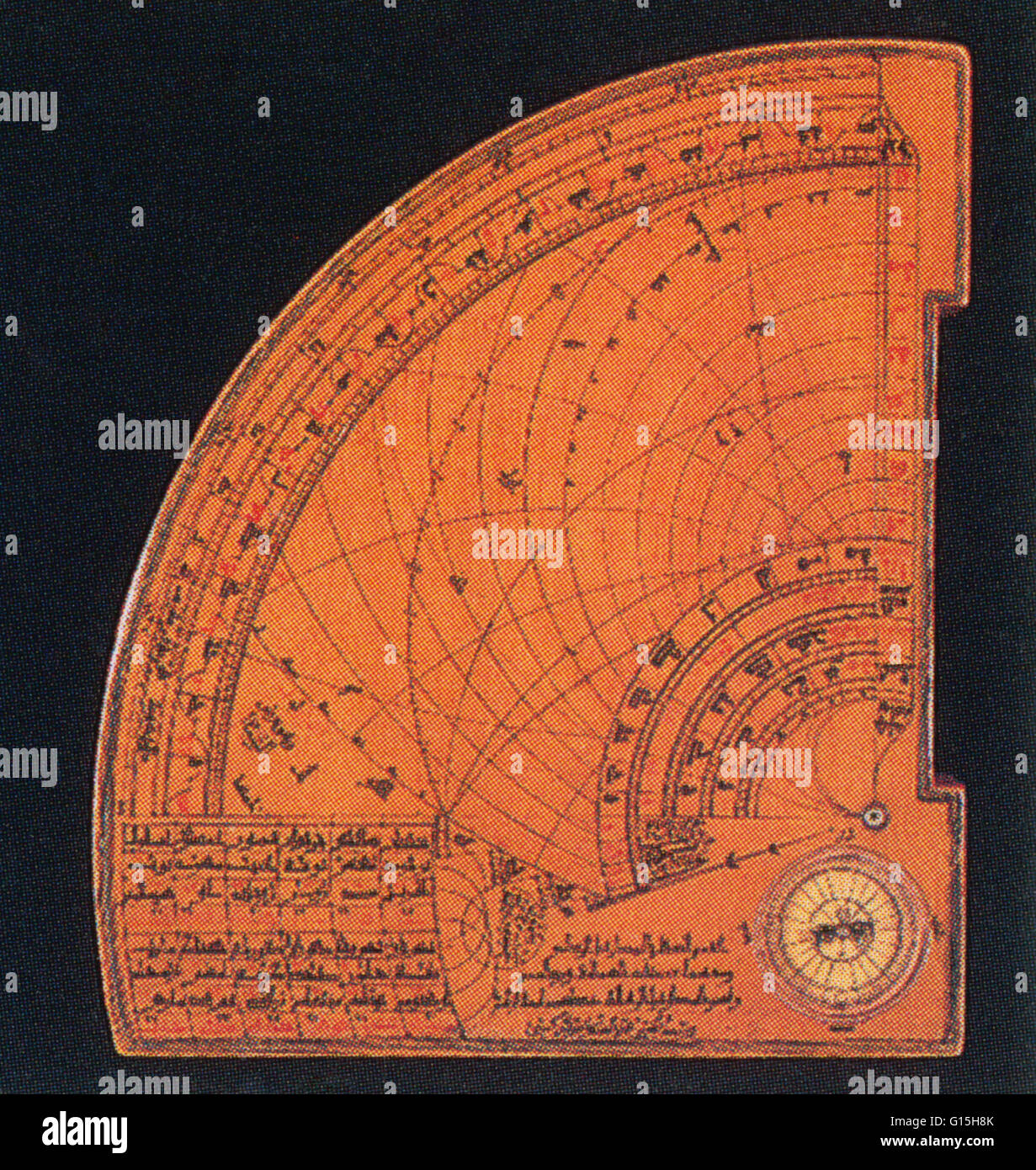 Astrolabe quadrant de Damas par Muhammad al-Sakasi al-Jarkasi (fruitwood couverts par du papier peint). Plusieurs formes de quadrants ont été inventés par les musulmans. Astrolabes en laiton ont été développés dans une grande partie du monde islamique, principalement comme une aide pour trouver la q Banque D'Images