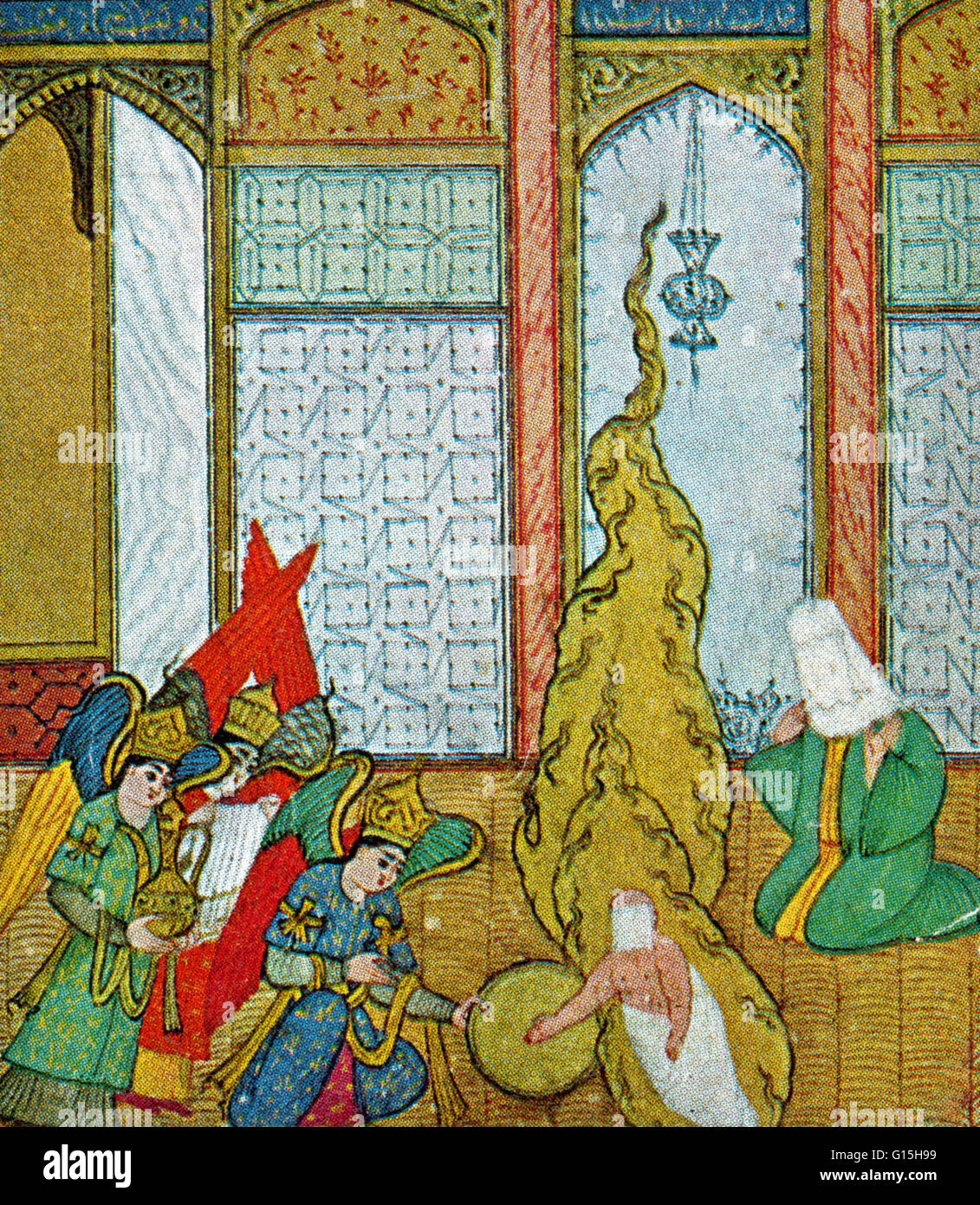 Une miniature persane tirée du Siyer-i Nebi est une épopée turque au sujet de la vie de Mahomet, achevée vers 1388. Le Sultan Ottoman Murad III a commandé une somptueuse illustration exemplaire de l'œuvre. Le calligraphe Lutfi Abdullah a terminé le travail en 1595 Banque D'Images