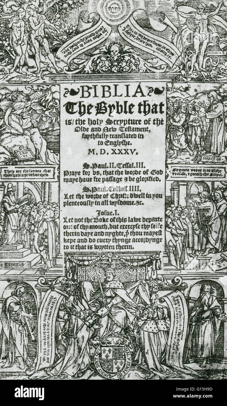 Page de titre de la Bible de Coverdale, compilées par Myles Coverdale et publié en 1535, a été la première traduction en français moderne de la Bible (pas seulement l'Ancien Testament ou Nouveau Testament), et la première traduction en anglais imprimé complet. Banque D'Images