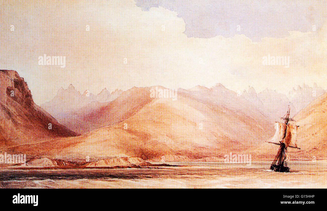 Le HMS Beagle dans le canal de Beagle au large de la Terre de Feu en 1833, dessiné par Conrad Martens. Il était le HMS Beagle un navire de la Marine royale qui a été adapté en tant que navire et a pris part à trois expéditions. Charles Darwin était à bord pendant le deuxième expedi Banque D'Images