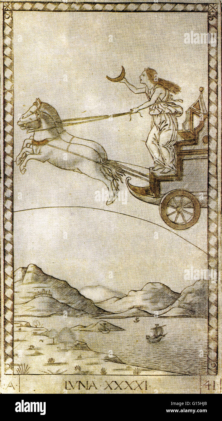 Image de carte de tarot de Luna (la lune) de la plate-forme de Mantegna. Les images montre la déesse lune conduire son char à travers le ciel, tenant le croissant de la lune dans sa main. Banque D'Images
