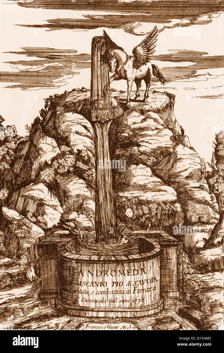 Pegasus sur le Mont Parnasse. Page de titre par Francesco Guitti d'Ascanio Pio's L'Andromède. Ferrera, 1638-39. Pegasus a été le cheval ailé de Bellérophon, un mythique héros grec qui le saisit à la fontaine. Banque D'Images