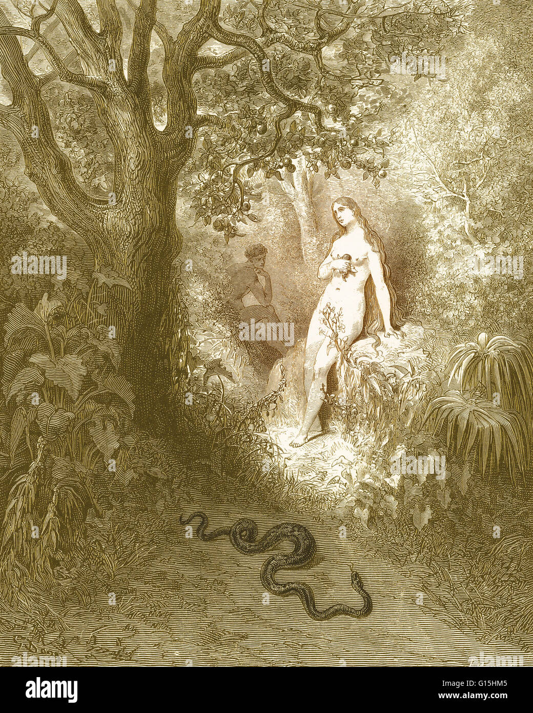 Illustration d'Adam et Eve et le serpent par Gustave Dore pour John Milton's Paradise Lost, Livre 9, lignes 784-85 : "Retour à la forêt slunk / le coupable serpent.' Banque D'Images