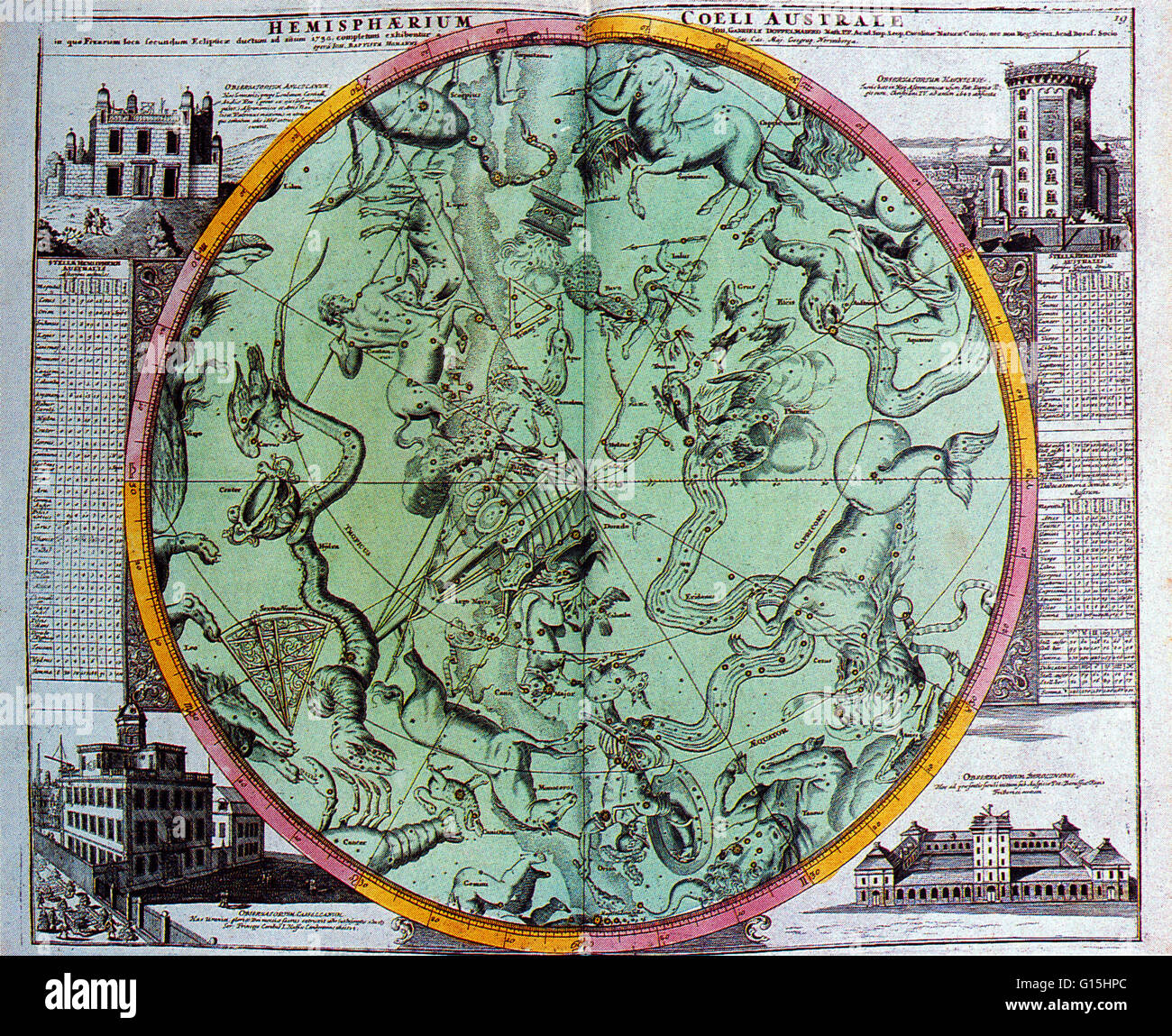 Illustration des constellations de l'hémisphère sud de Johann Gabriel de Doppelmayr Atlas Coelestis, 1742. Certaines parties des créatures du zodiaque peut être vu, avec les emblèmes d'autres constellations. Dans les coins sont les observatoires de Gree Banque D'Images