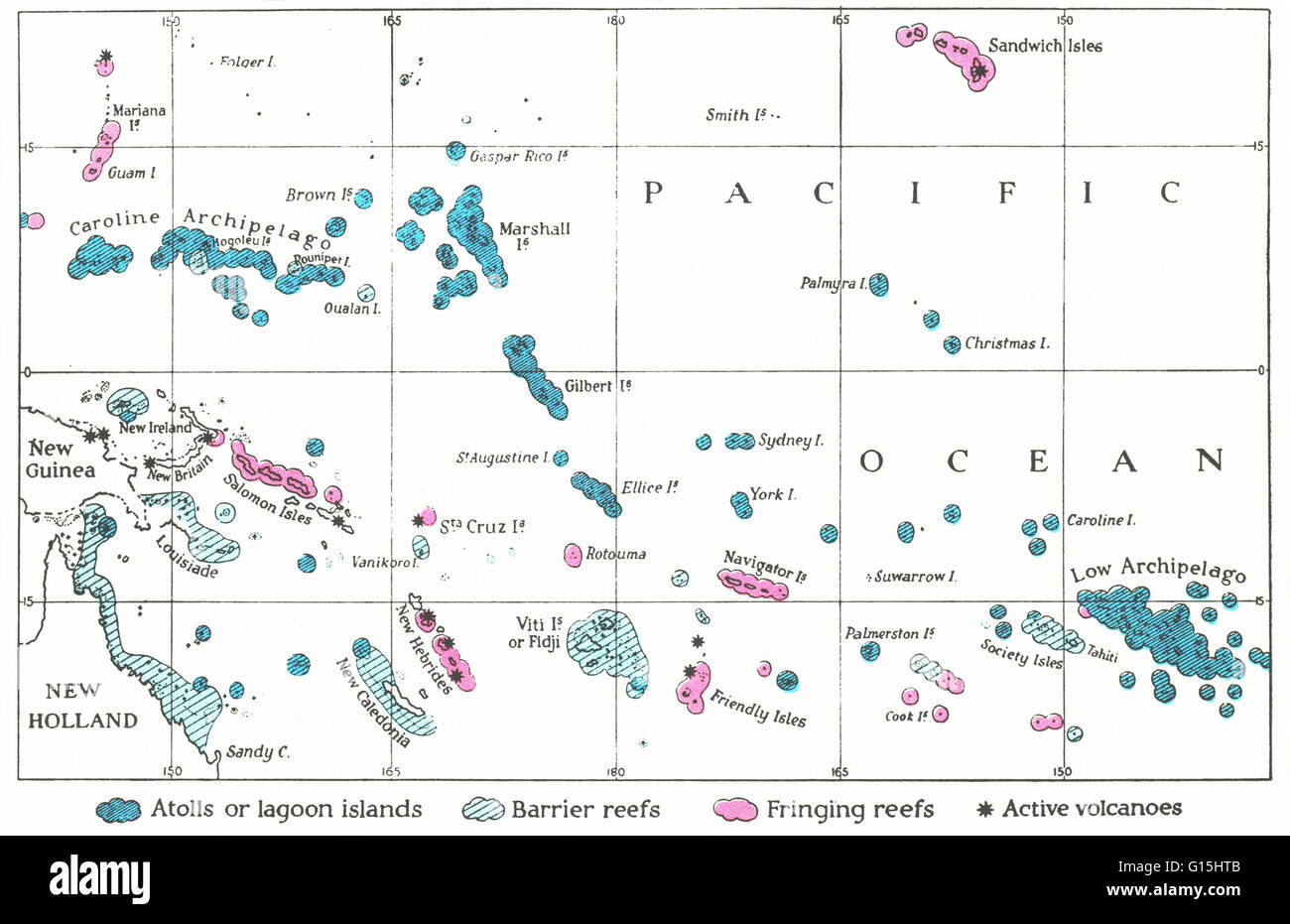 E Tableau, dessiné par Charles Darwin, expose sa théorie que les récifs coralliens sont de deux sortes. Il a utilisé la couleur bleue pour les atolls et les récifs-barrières dans les zones où la terre a disparu et que le rose pour les récifs frangeants autour des volcans soulevées(Stars). Banque D'Images