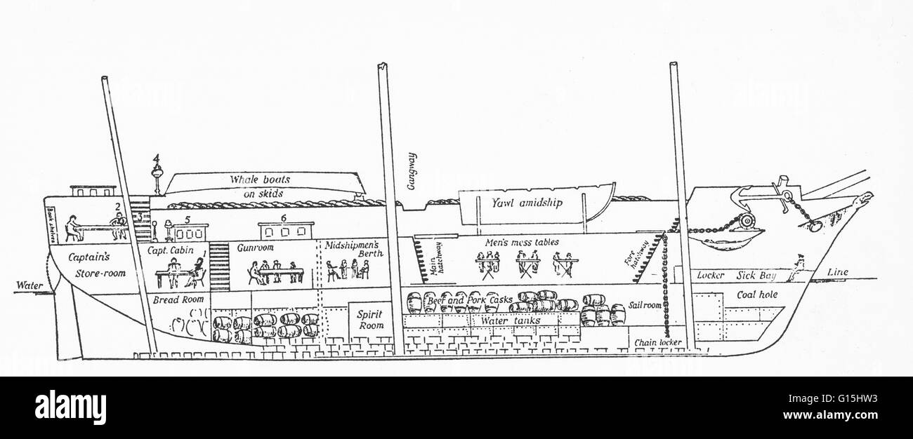 HMS Beagle en section longitudinale de 1832. Numéros sur le dessin montrent ce qui suit : 1) Darwins' siège en cabine du capitaine 2) Darwins' siège cabine 3) Darwins' tiroirs en cabine du capitaine 4) Ajnuiths 5 compas) Puits de 6 Capitaines) Gunroom tirage original Banque D'Images