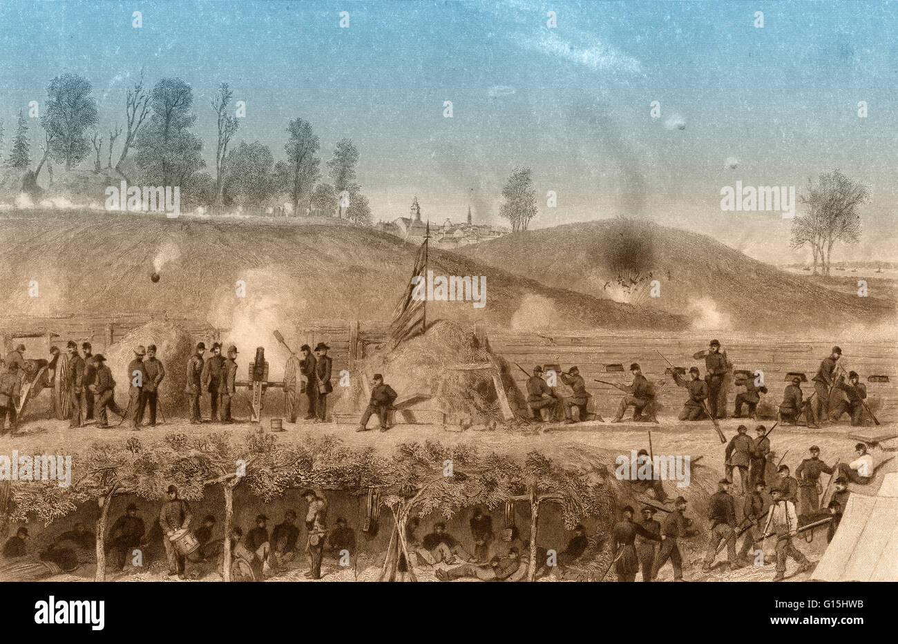 Renforcement de couleur illustration de la siège de Vicksburg en 1863, qui a été le point culminant de la campagne de Vicksburg et un point tournant de la guerre civile américaine. Les Confédérés avaient le contrôle de la ville-forteresse de Vicksburg, ce qui en fait un obstacle de th Banque D'Images