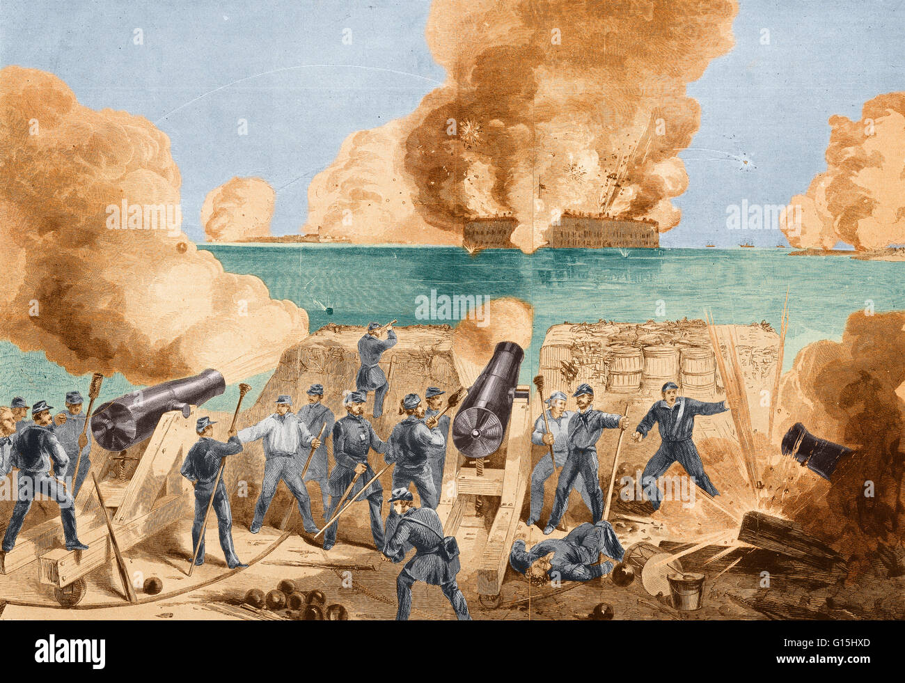 Renforcement de couleur illustration de la Bataille de Fort Sumter. En avril 1861, la bataille de Fort Sumter en Caroline du Sud a commencé la guerre civile américaine. Confederate Brig. Le général Beauregard a exigé la reddition du Fort Sumter. Lorsque le Major Anderson refusé Banque D'Images