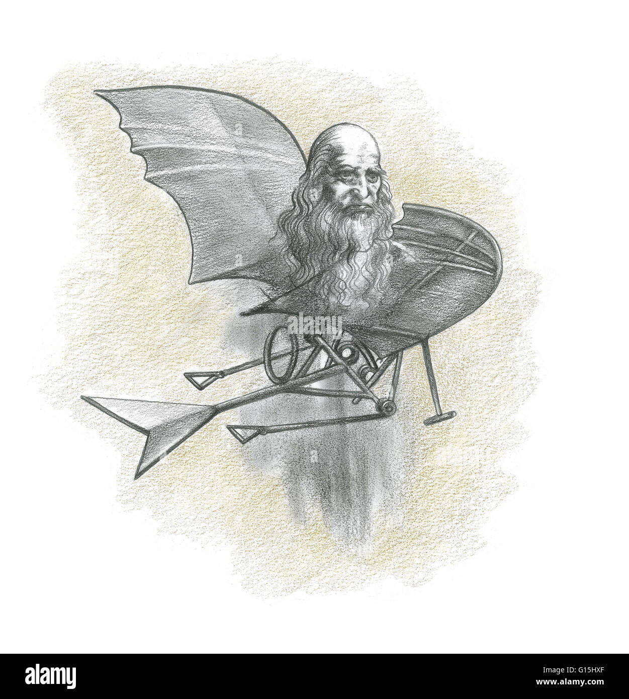 Une illustration de Léonard de Vinci avec un design pour une de ses machines volantes. En 1485, Leonardo da Vinci a commencé à étudier le vol des oiseaux et plus tard a croquis dessins conceptuels pour vol humain. Banque D'Images