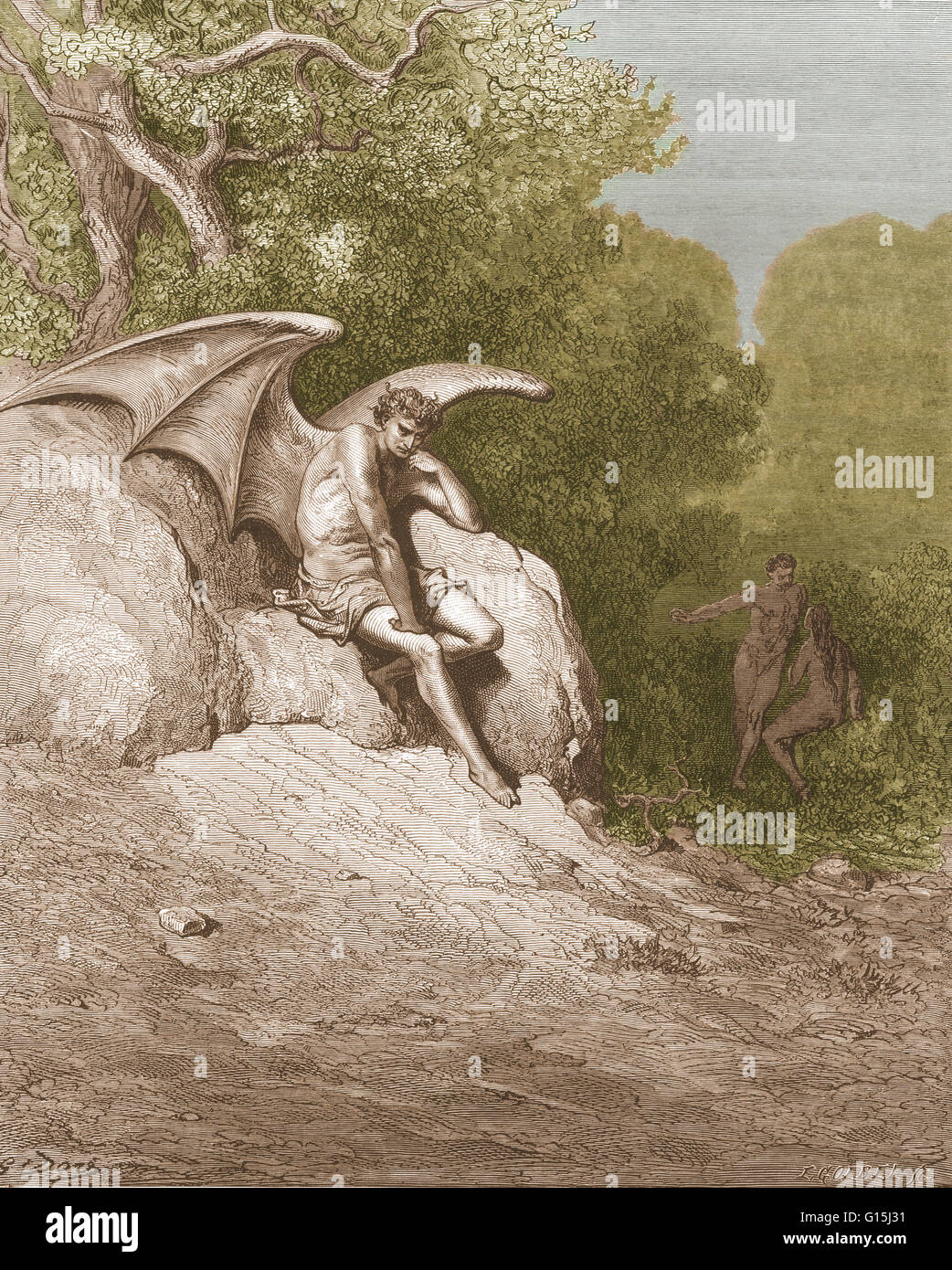 Une illustration de Satan mà sur se cachant dans le serpent, avec Adam et Eve dans l'arrière-plan, par Gustave Dore, de John Milton's Paradise Lost, Livre 9, lignes 99 et 100 : "Ô Terre, comment comme au ciel, si ce n'est pas préféré / plus juste." Banque D'Images