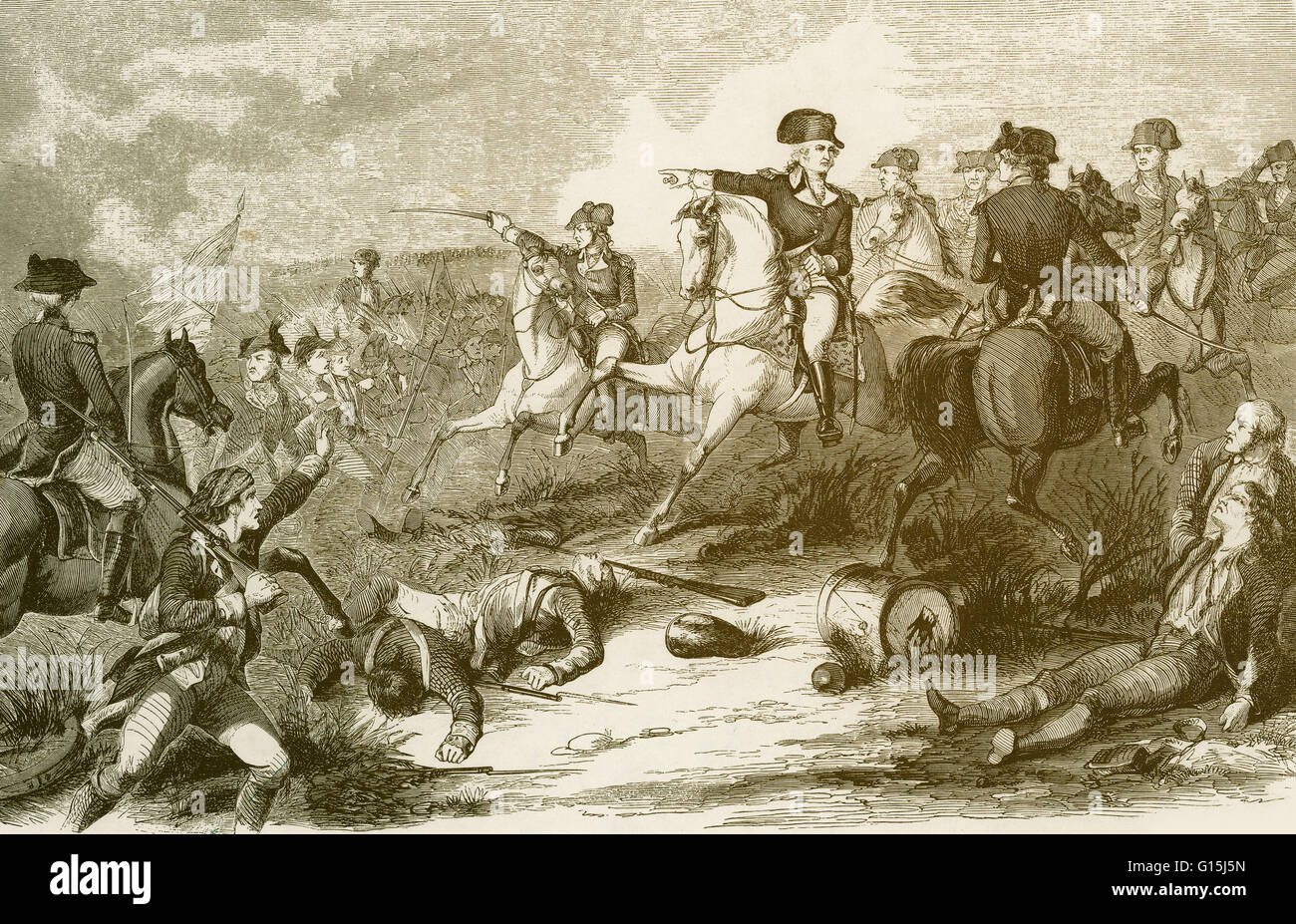 L'amélioration de 'illustration 1858 Harper's Weekly' montrant Washington en remplacement de Lee à Monmouth, New Jersey en 1778. La bataille de Monmouth s'est déroulée le 28 juin 1778 à Monmouth County, New Jersey. L'armée continentale sous le général George lave Banque D'Images