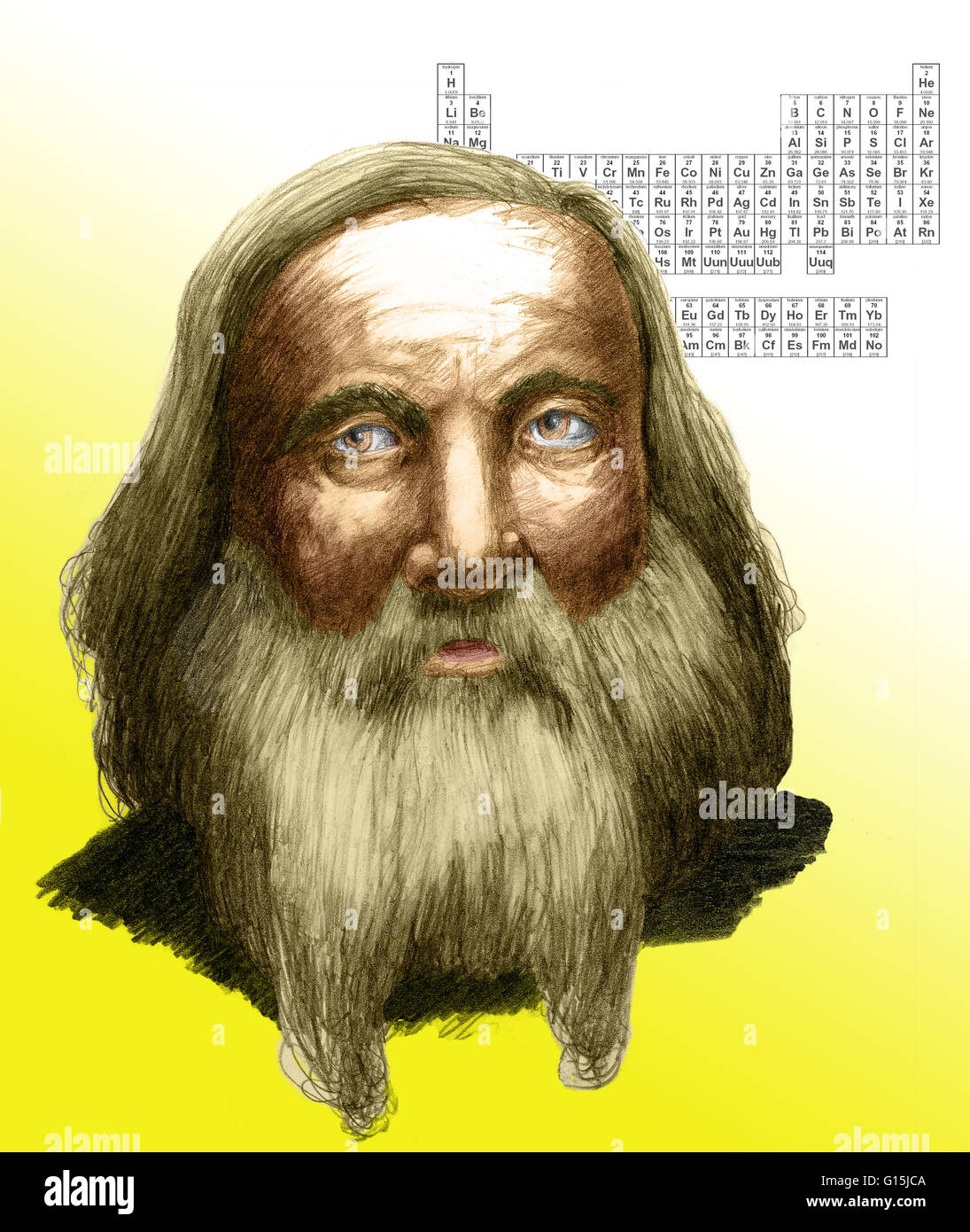 Renforcement de couleur illustration de Dimitri Ivanovitch Mendeleïev (1834-1907), chimiste russe. Mendeleïev Mendeleïev (ou) à l'origine, était une élève indifférent, mais quitté le collège en haut de sa classe. Après avoir assisté au 1er Congrès de Karlsruhe (1860), Mendelaye Banque D'Images