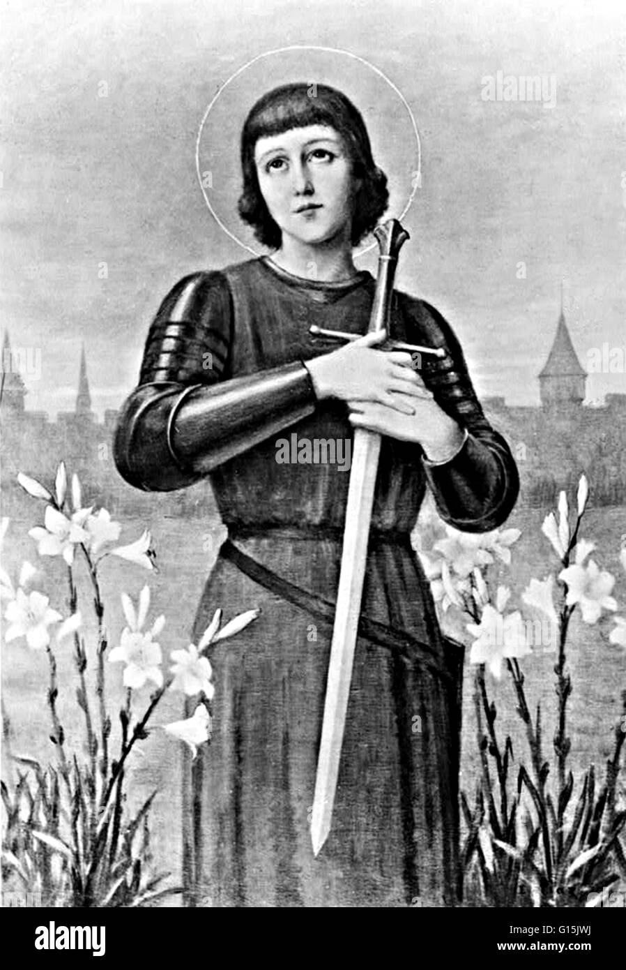 Joan of Arc serrant l'épée, artiste inconnu. Jeanne d'Arc (6 janvier 1412 - 30 mai 1431) Héroïne nationale de la France et un saint catholique. Un paysan né dans l'est de la France qui a déclaré la direction divine, elle a dirigé l'armée française à plusieurs importan Banque D'Images