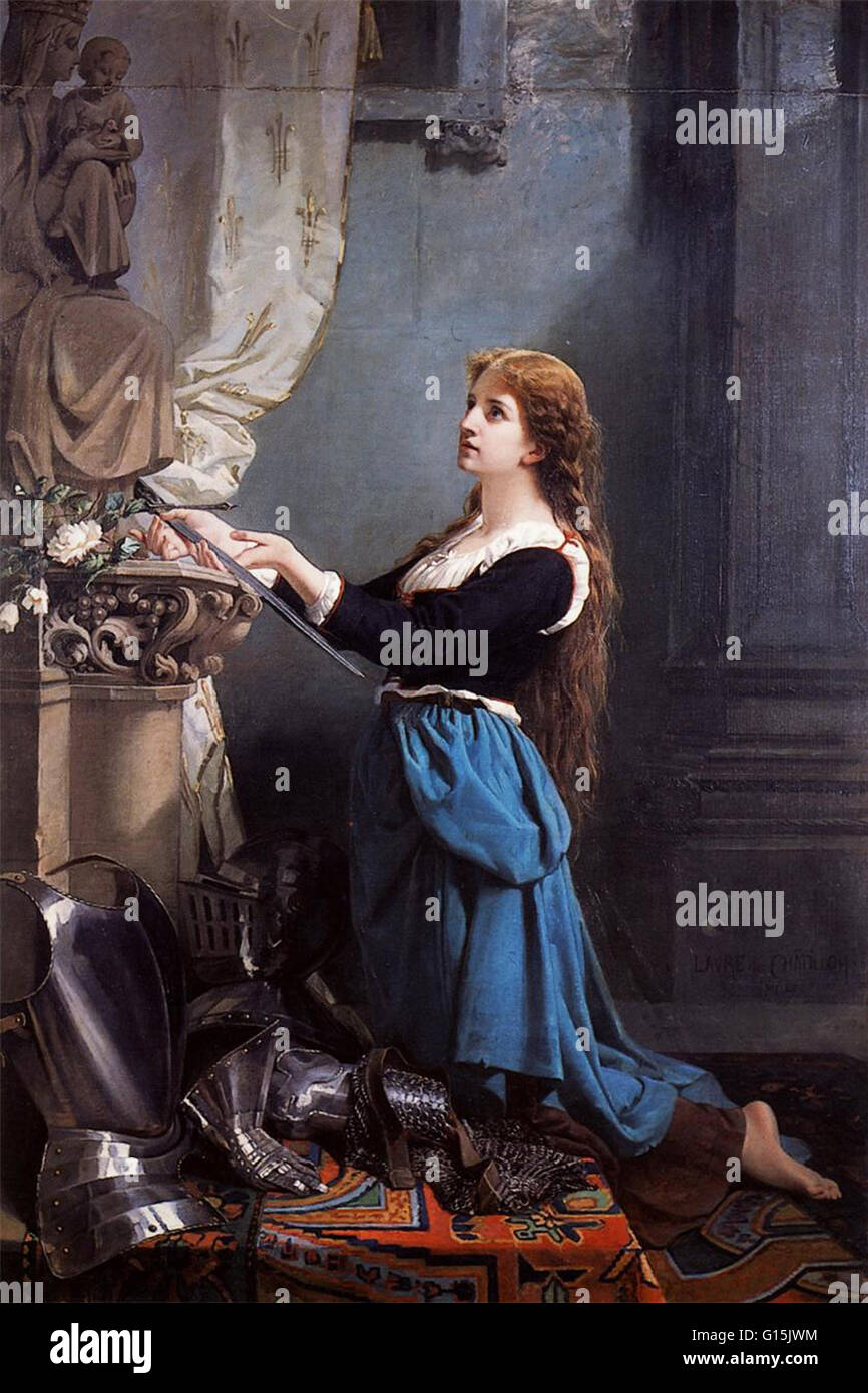 Joan of Arc consacre son arme pour la Vierge. Huile sur toile, Laure de Chatillon. Musée Antoine Vivenel. Jeanne d'Arc (6 janvier 1412 - 30 mai 1431) Héroïne nationale de la France et un saint catholique. Un paysan né dans l'est de la France qui prétend Banque D'Images