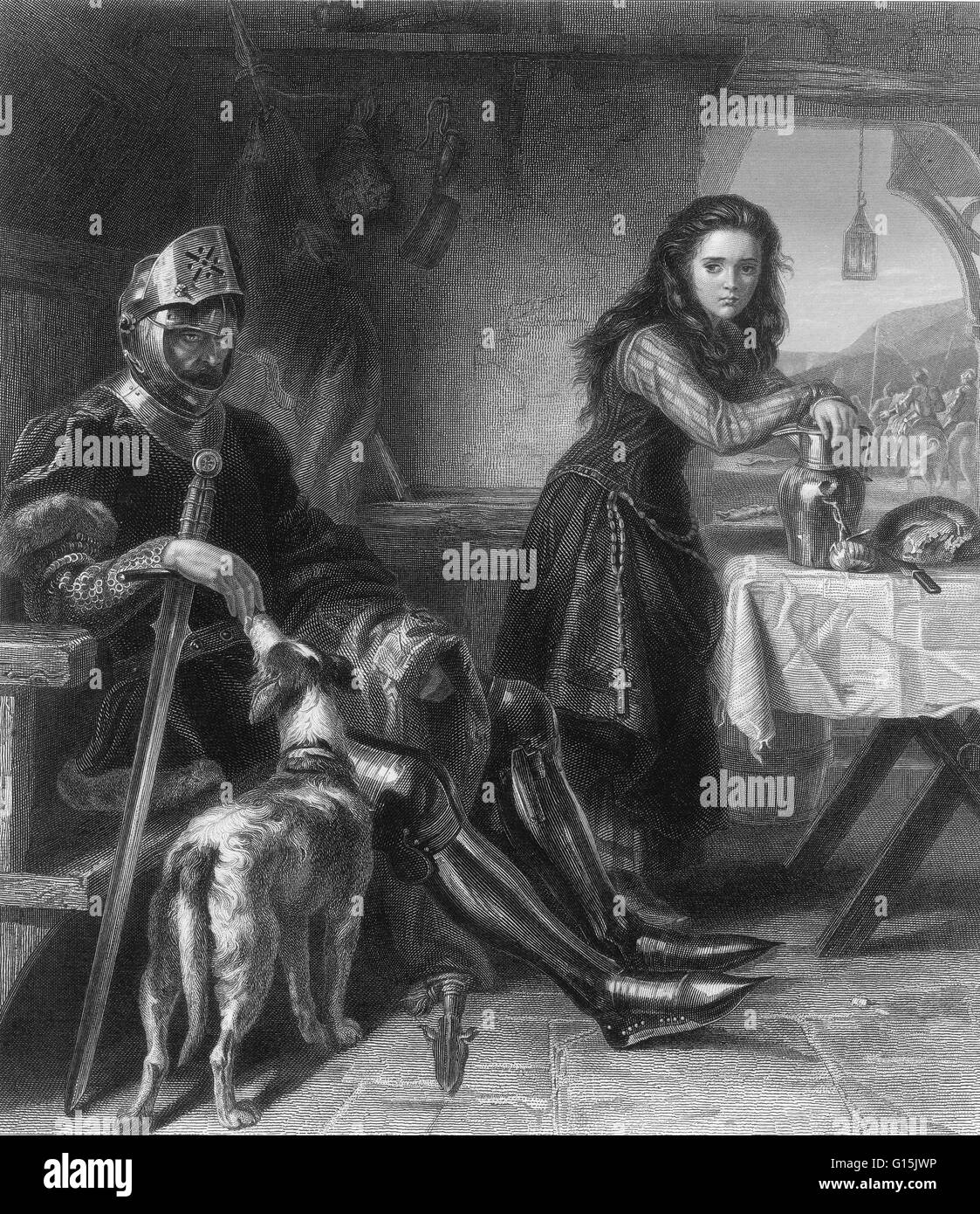 Gravure par Henrietta Mary Ada Ward. Scène dans une hutte, avec Jeanne d'Arc comme une jeune fille, portant un chapelet sur sa ceinture, debout à une table sur laquelle se trouvent une miche de pain, l'oignon et le couteau, s'appuyant sur une cruche, à l'acheminer vers l'avant, avec une expression inquiète sur son visage Banque D'Images