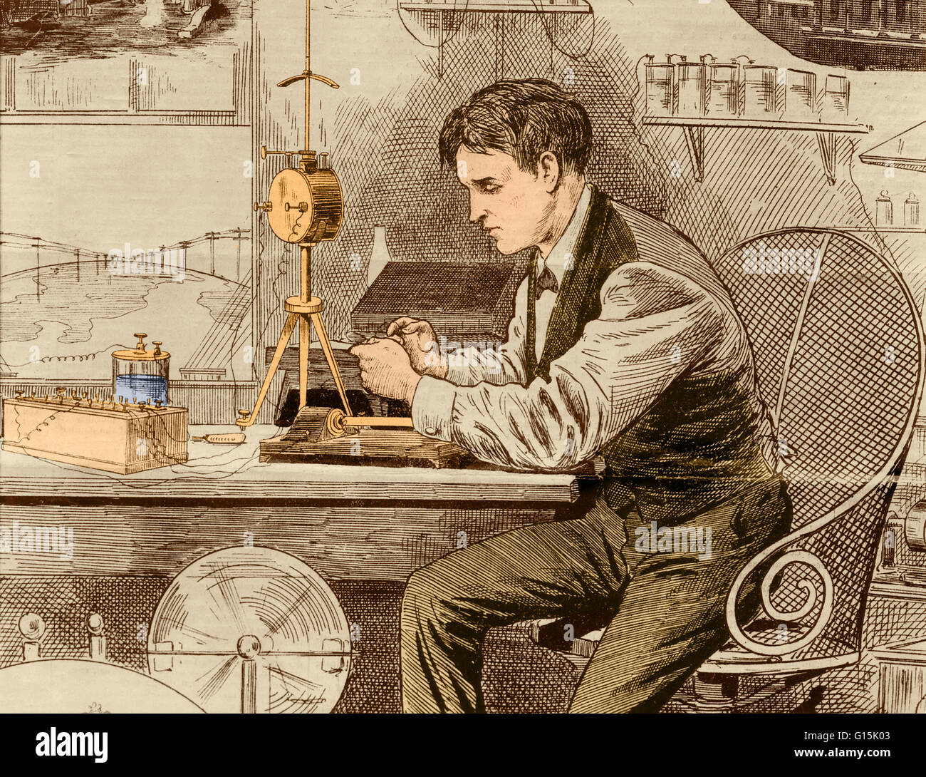 Thomas Edison l'exploitation d'une machine de télégraphe. Thomas Alva Edison (1847-1931) était un inventeur américain et homme d'affaires. Il a développé de nombreux dispositifs qui a grandement influencé la vie à travers le monde, y compris le phonographe, l'appareil photo, et un long- Banque D'Images