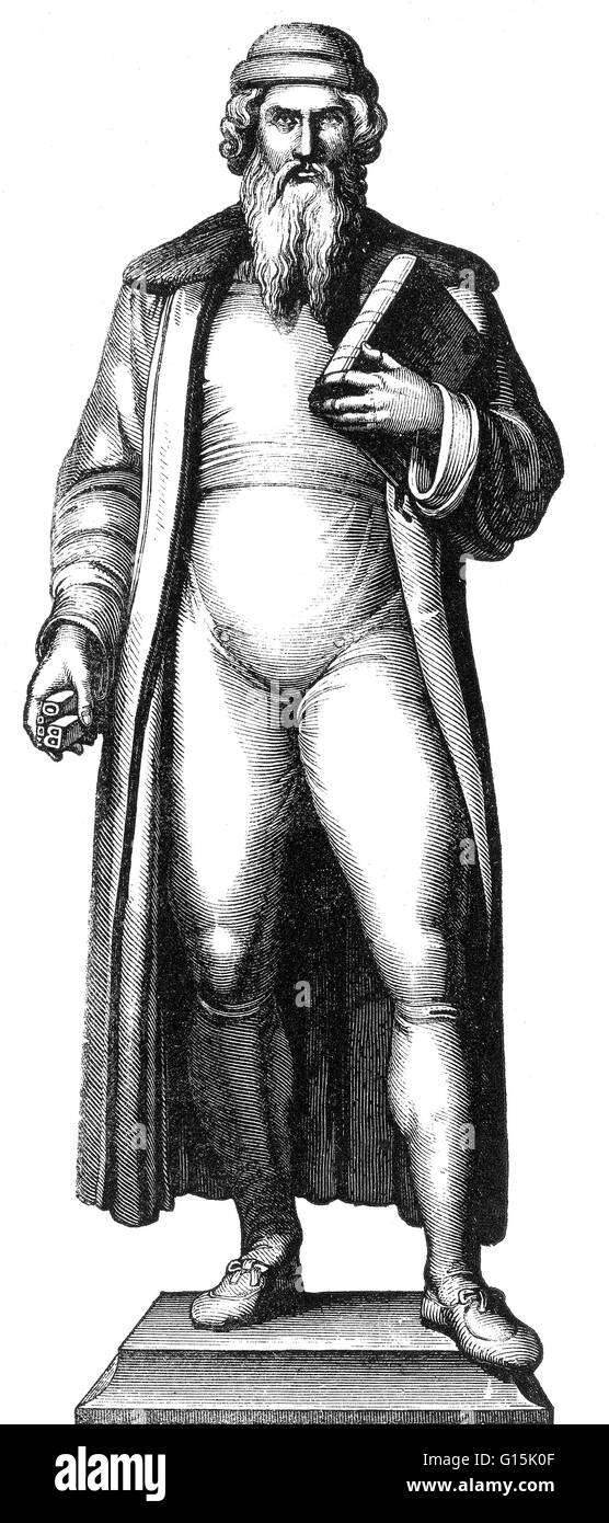 Gravure d'une statue de Gutenberg. Johannes Gensfleisch zur Laden zum Gutenberg (1398 - 3 février 1468) était un forgeron, Goldsmith, l'imprimante et l'éditeur qui a introduit l'impression de livres modernes. Son invention de l'impression mécanique movable type st Banque D'Images