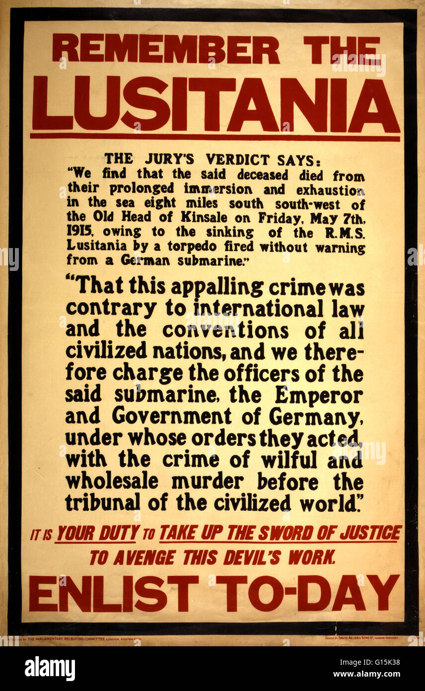 Une entreprise de la Première Guerre mondiale, l'affiche de recrutement de 1915. Le texte en bas dit : "Se souvenir du Lusitania. Il est de votre devoir de prendre l'épée de la justice pour se venger de ce travail du diable. S'engager aujourd'hui." Le naufrage du paquebot RMS Lusitania Cunard norm Banque D'Images