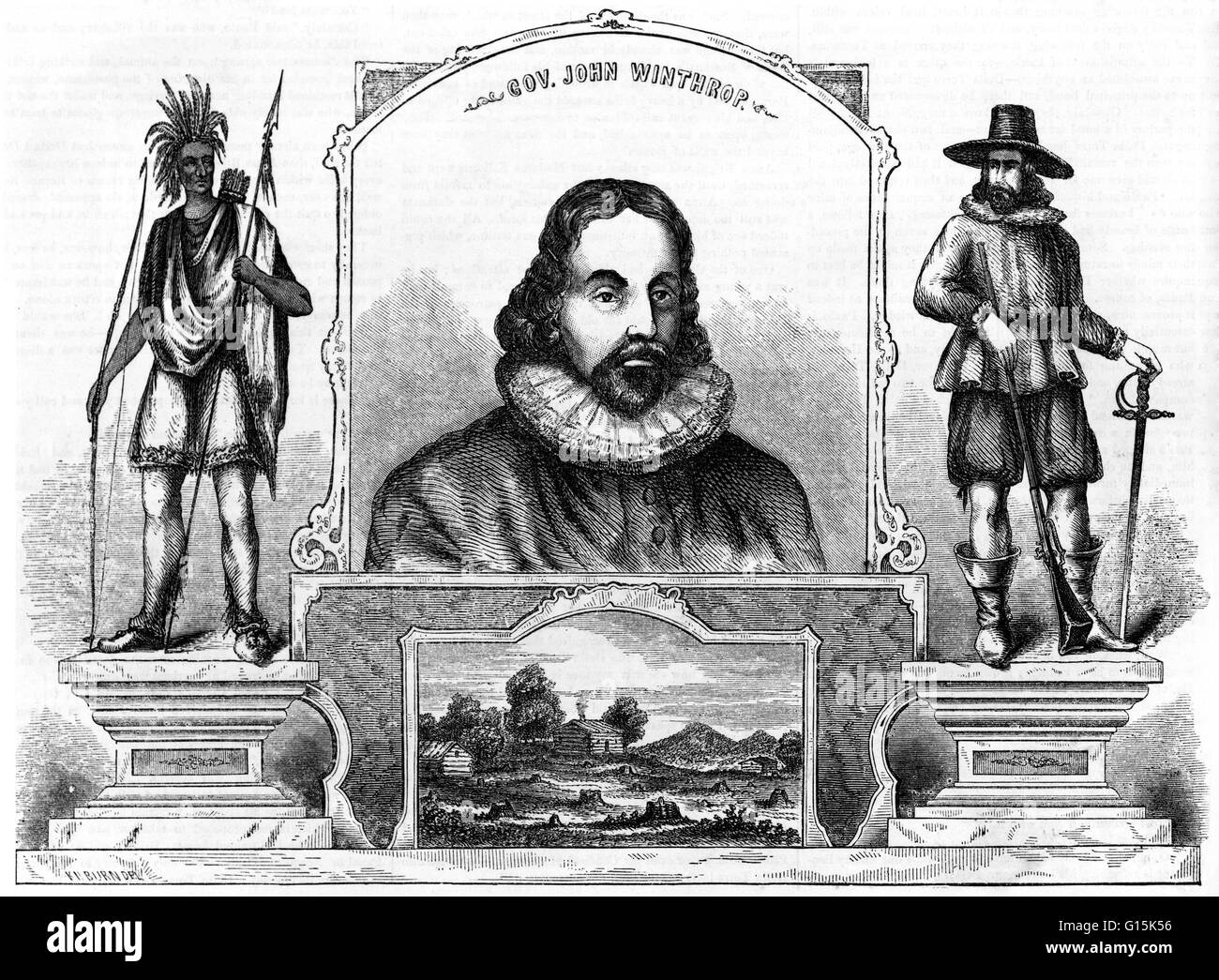 Gravure intitulée : 'Gov. John Winthrop, en l'honneur de l'anniversaire du Gouverneur John Winthrop, né le 12 juin 1587.' Il est montré flanqué de statues d'un natif américain et d'un pèlerin. John Winthrop (1587 ou 1588-1649) est un des fondateurs de la Massachusetts Bay C Banque D'Images