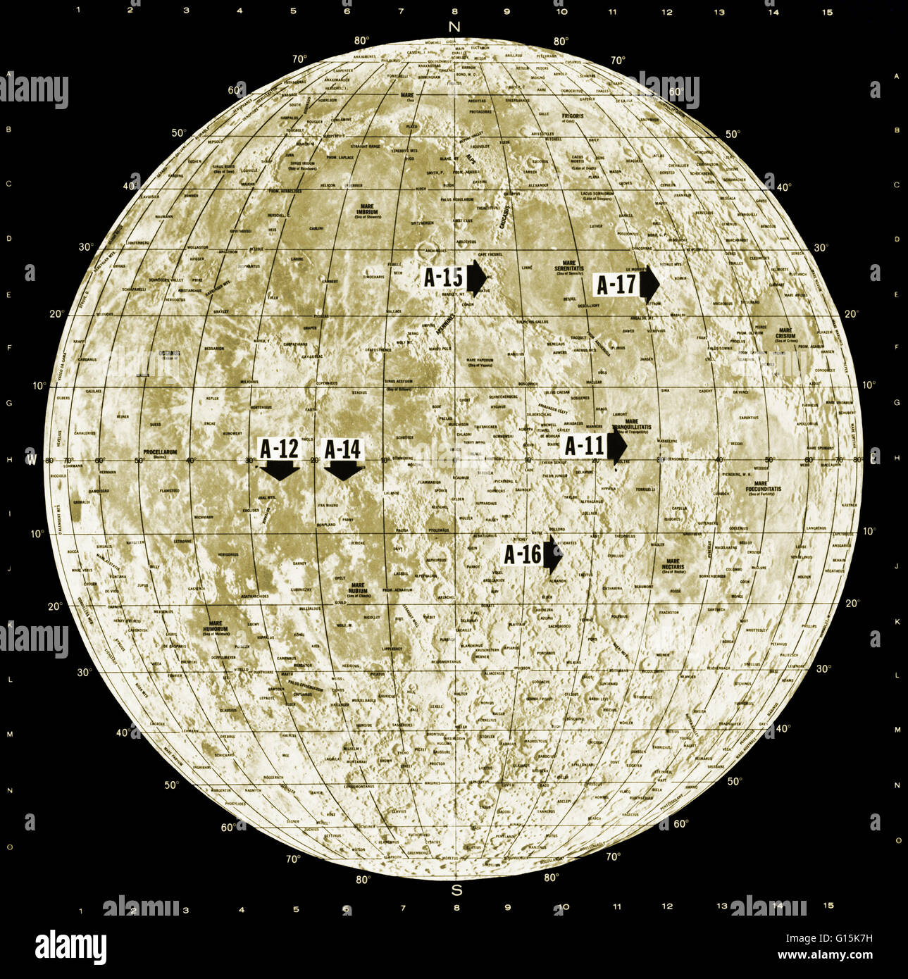 Vue sur le côté avant de la lune avec des sites d'atterrissage d'Apollo marqué. Banque D'Images