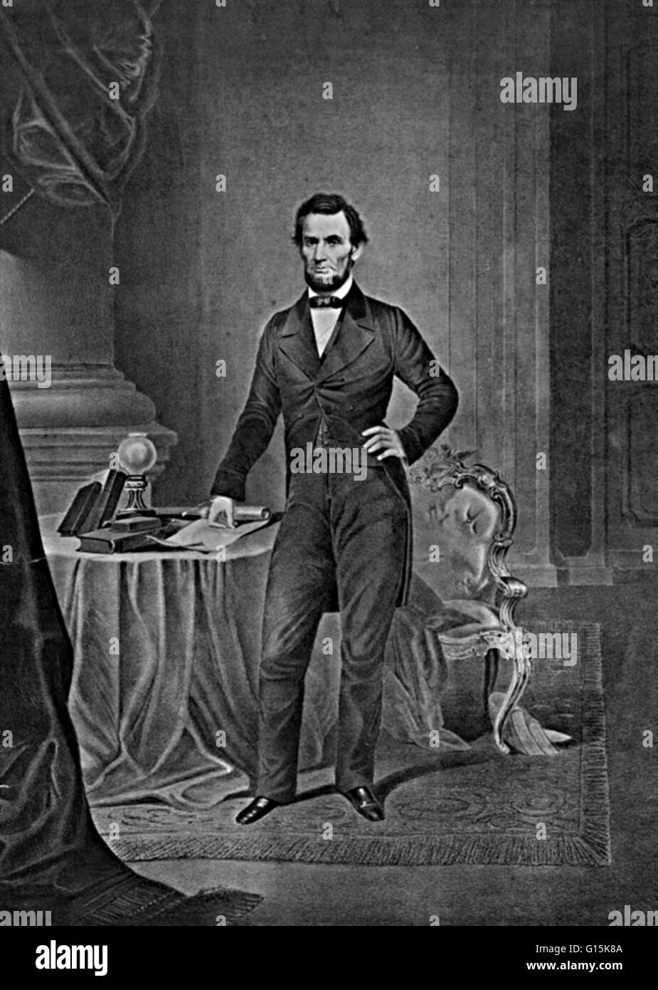 Abraham Lincoln (12 février 1809 - 15 avril 1865) a été le 16e président des États-Unis, à partir de mars 1861 jusqu'à son assassinat en 1865. Il a conduit son pays dans la guerre civile américaine, la préservation de l'Union européenne, tout en mettant fin à l'esclavage, et la promotion de Banque D'Images
