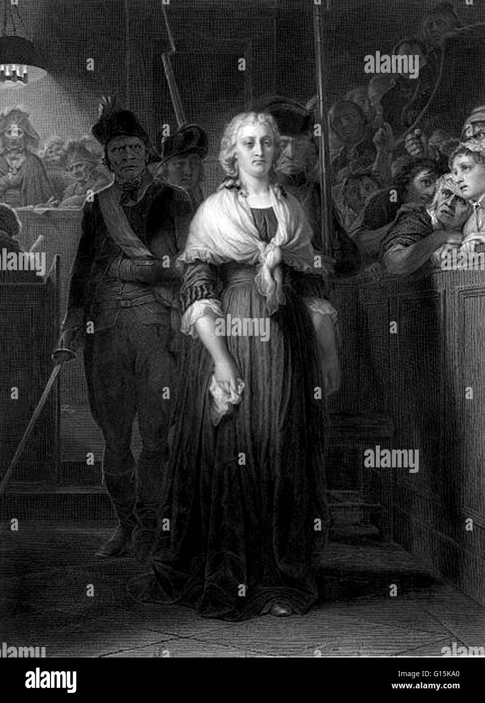 Gravure intitulée : Marie Antoinette condamné par le tribunal révolutionnaire. Marie Antoinette (1755-1793) était une archiduchesse d'Autriche et de la reine de France et de Navarre. Elle est le quinzième et avant-dernier enfant d'impératrice romaine Sainte Maria Theres Banque D'Images