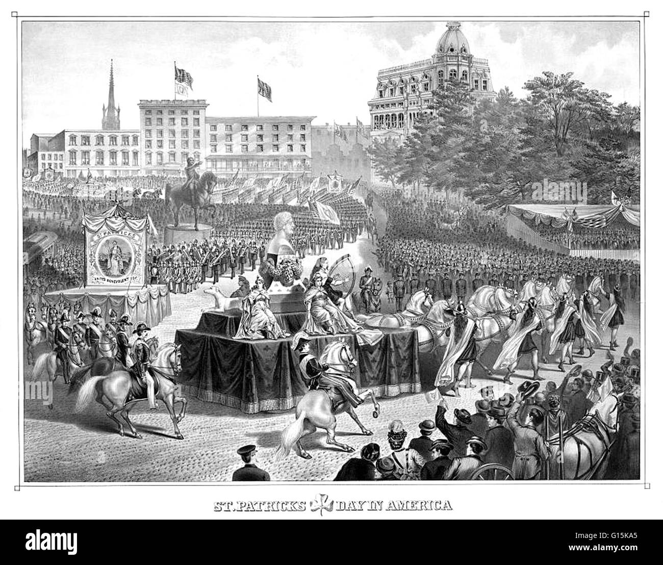 Lithographie intitulée : la Saint Patrick en Amérique. Présente partie d'une parade avec flotteur dans le centre portant un buste de Daniel O'Connell, Saint Patrick's day à New York, à Union Square avec la Banque d'épargne allemandes dans le coin supérieur droit et un Banque D'Images