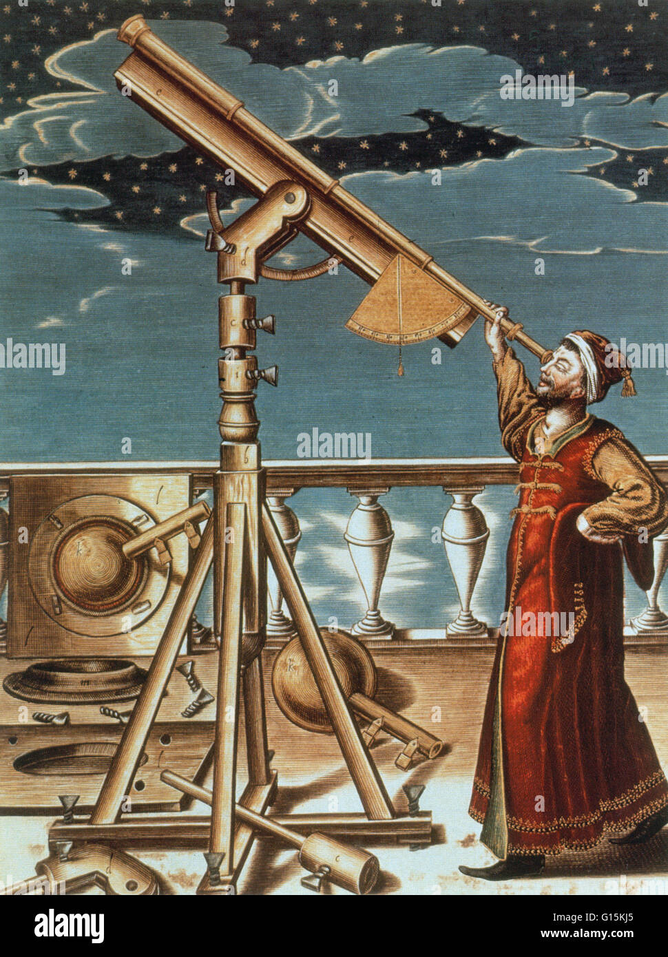 Hevelius en observant le ciel nocturne, 1647. Johannes Hevelius (Janvier 28, 1611 - janvier 28, 1687) était un astronome polonais. Il est considéré comme le fondateur de fondateur de la topographie lunaire, qui décrit également dix nouvelles constellations (dont sept sont encore re Banque D'Images