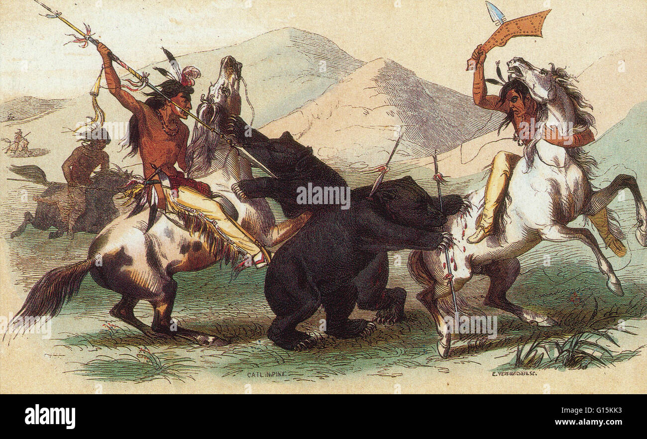 Lithographie en fonction d'un George Catlin peinture à l'huile intitulée : Les Indiens d'attaquer l'ours Grizzly, le plus sauvage et féroce Animal d'Amérique du Nord. Banque D'Images