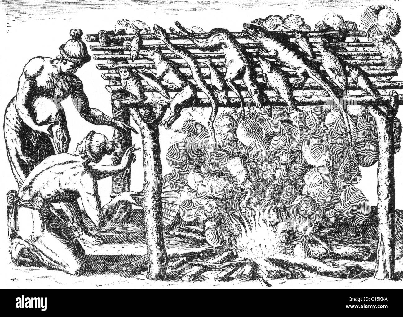 Les Indiens Timucuan alligators barbecue de 'Brevis narratio eorum quae in Florida Americai provincia Gallis acciderunt", publié en 1591 avec des gravures de Théodore de Bry (1528-98). Jacques Le Moyne de Morgues (1533-1588) était un artiste français et membres Banque D'Images