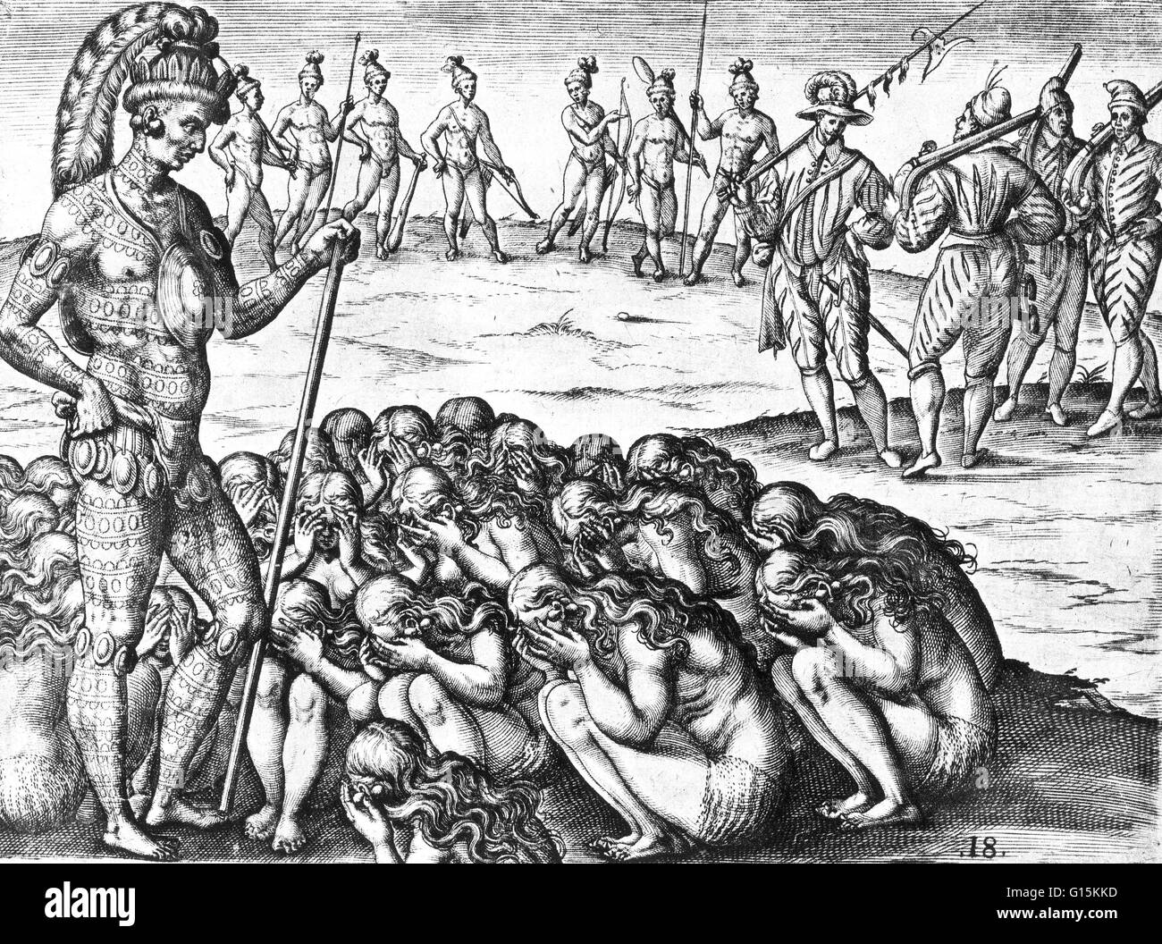 Grieiving approche veuves chef, à partir de 'Brevis narratio eorum quae in Florida Americai provincia Gallis acciderunt", publié en 1591 avec des gravures de Théodore de Bry (1528-98). Jacques Le Moyne de Morgues (1533-1588) était un artiste français et membre de J Banque D'Images