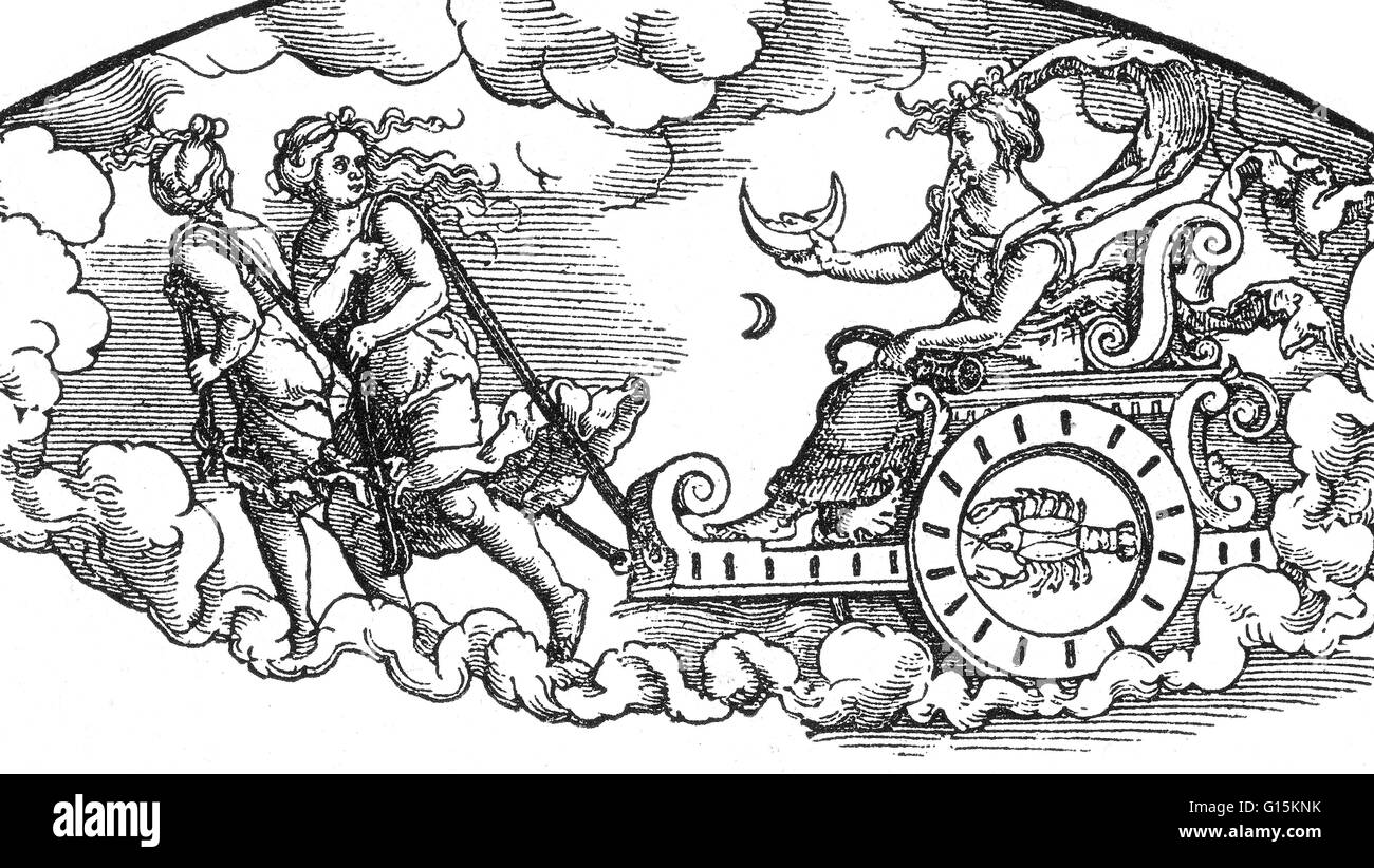 La partie supérieure de la gravure sur bois (voir BV0761 pour tous) attribuée à deux artistes. "La vie des enfants de la Lune' par Carl Gustav Carus (1500-1550), dans l'Folge der Planeten et "la Lune et ses traits' par Hans Sebald Beham. Dans l'ancienne religion romaine et mythe, Luna Banque D'Images
