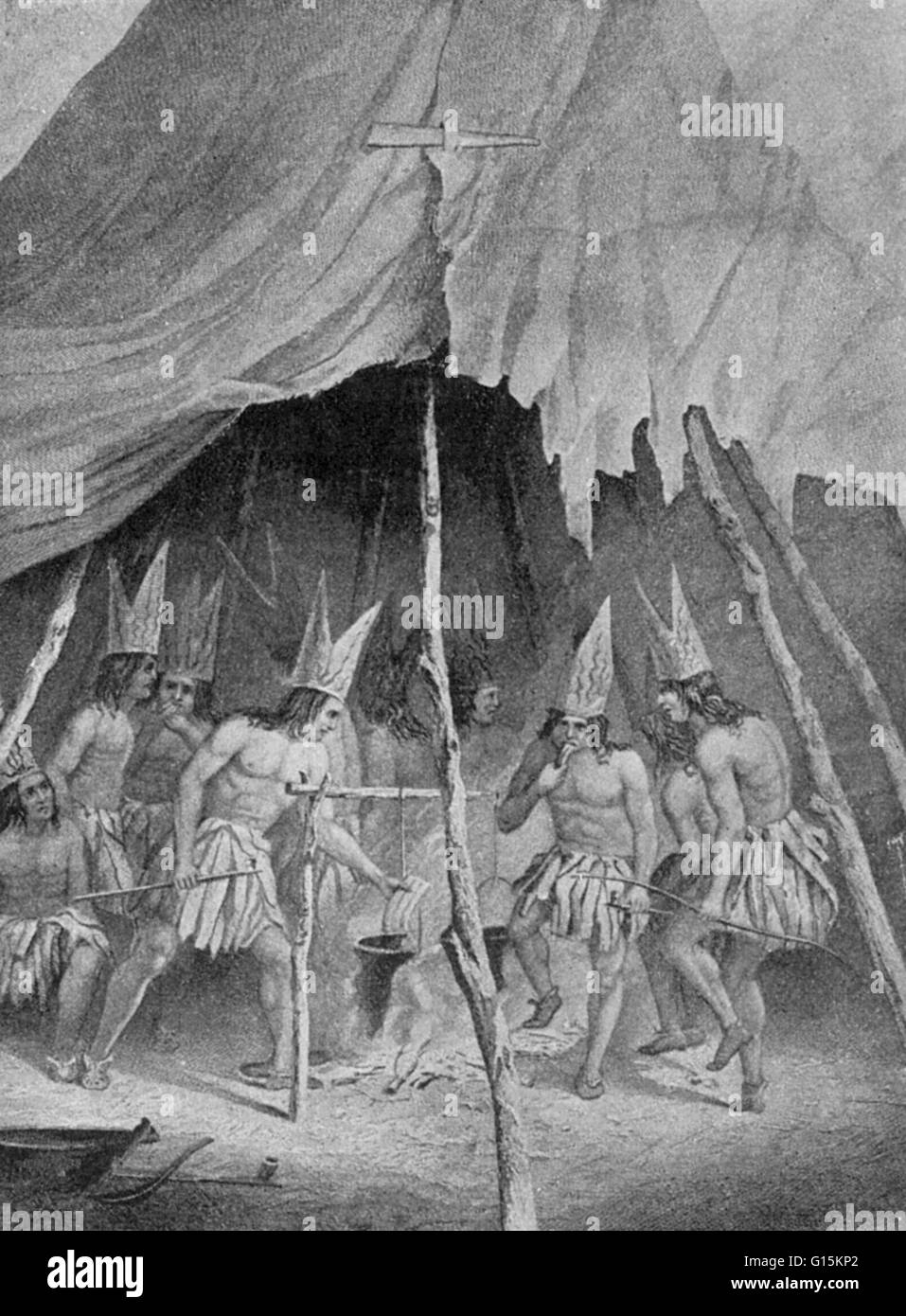 19ème siècle illustration de livre montrant la fête de Nanabozho célébrée par le peuple ojibwé, intitulée "La Fête de Manabozho, ou le Grand Lièvre.' Dans la mythologie Ojibwé, Nanabozho est un des esprit qui avait un rôle dans la création du monde. 1890. Banque D'Images