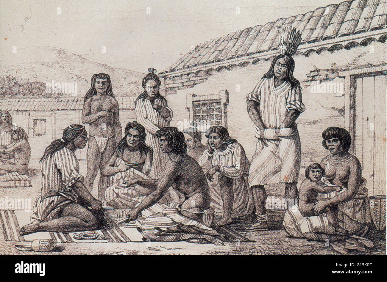 Illustration par l'artiste russe Louis Choris représentant un groupe d'Indiens de Californie 'Mission', les Amérindiens qui colons espagnols avaient été réinstallés à des missions, couvent-comme à la fin du xviiie et au début du 19e siècle. Ici ils sont pictur Banque D'Images