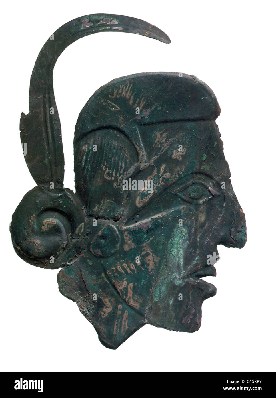 Mississipian ornement cuivre représentant un guerrier en relief, trouvé à Craig, à la Spiro Mounds site archéologique dans l'Oklahoma. Le site a été une colonie permanente à partir de l'an 800 à 1450 AD. Banque D'Images
