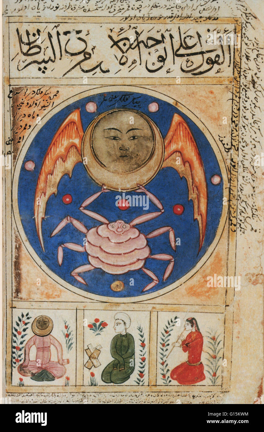 Illustration de l'astrologie de la lune en cancer à partir de la quatorzième siècle manuscrit islamique. Le crabe, représentés dans l'image, est le symbole astrologique du Cancer (qui est le latin pour le crabe). Le Cancer est considéré comme un signe d'eau et féminin, qui sont aussi b Banque D'Images