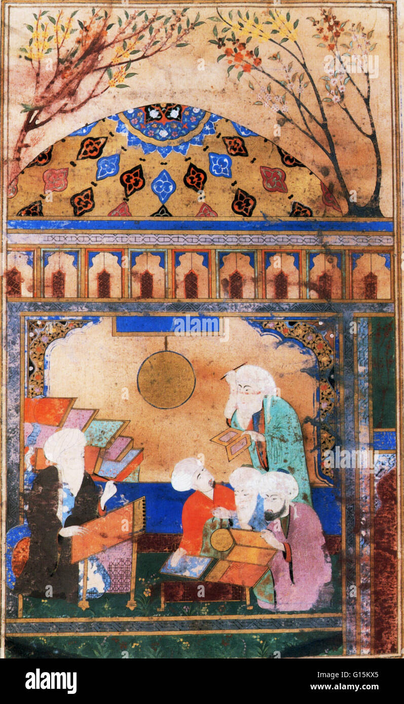 Œuvres de l'astronome et astrologue persan Nasir al-Din al-Tusi à son bureau à l'observatoire de haute technologie à Maragha, Perse, enjoignant les élèves. Milieu du xiiie siècle. Banque D'Images