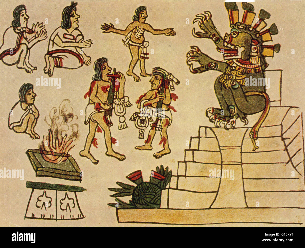 Prêtre aztèque tirer le sang de leur corps avec des brochettes et des couteaux pour apaiser Mictlantecuhtli, seigneur des enfers. Prêtres souvent auto-sacrifice par lequel ils perforé leurs langues, d'oreille, des jambes et des bras. Mictlantecuhtli, dans Aztec mytholog Banque D'Images