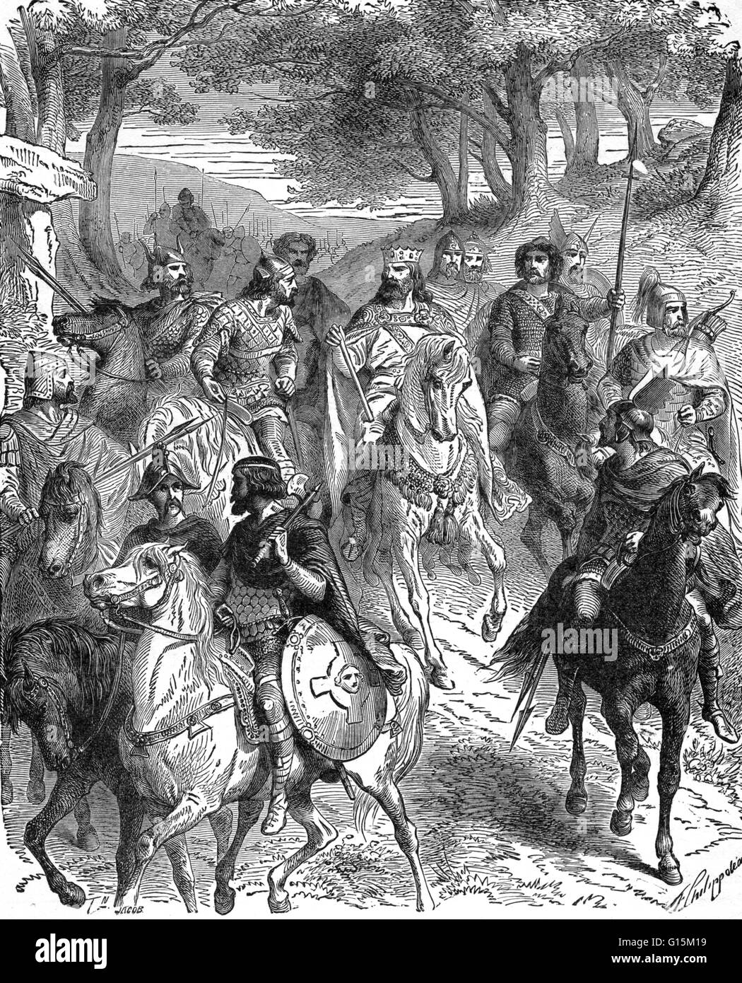 Charlemagne et ses nobles. Charlemagne (742-814 AD) a été roi des Francs à partir de 768 et Empereur des Romains (Imperator Romanorum) de 800 à sa mort en 814. Il a étendu le royaume franc en un empire. Il a conquis l'Italie et a été couronné Imperato Banque D'Images