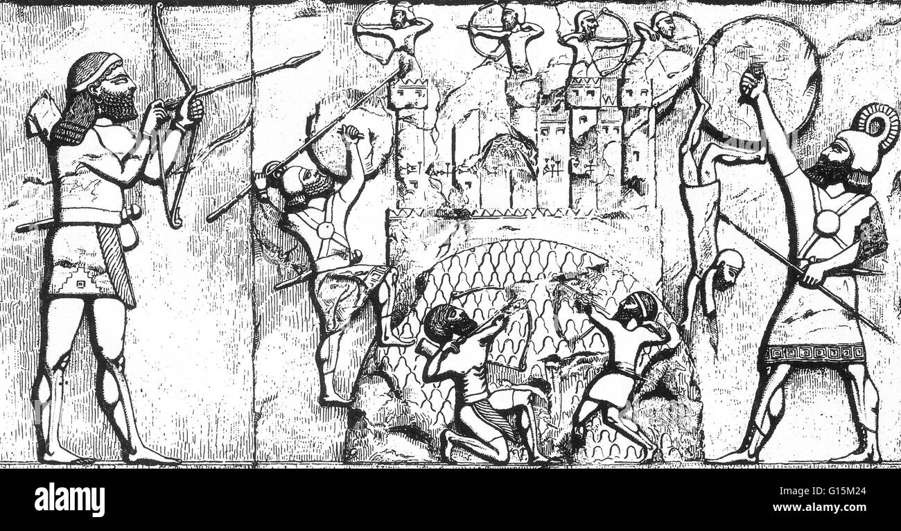 Archers assyriens monter une attaque contre Ékron, une des villes de la Pentapole Philistine, dans ce dessin d'un allégement de la paroi de la place de Sargon II. Le roi assyrien Sargon II (règne 722-705 BC) a été l'un des principaux architectes de la fin l'Assyrien Banque D'Images