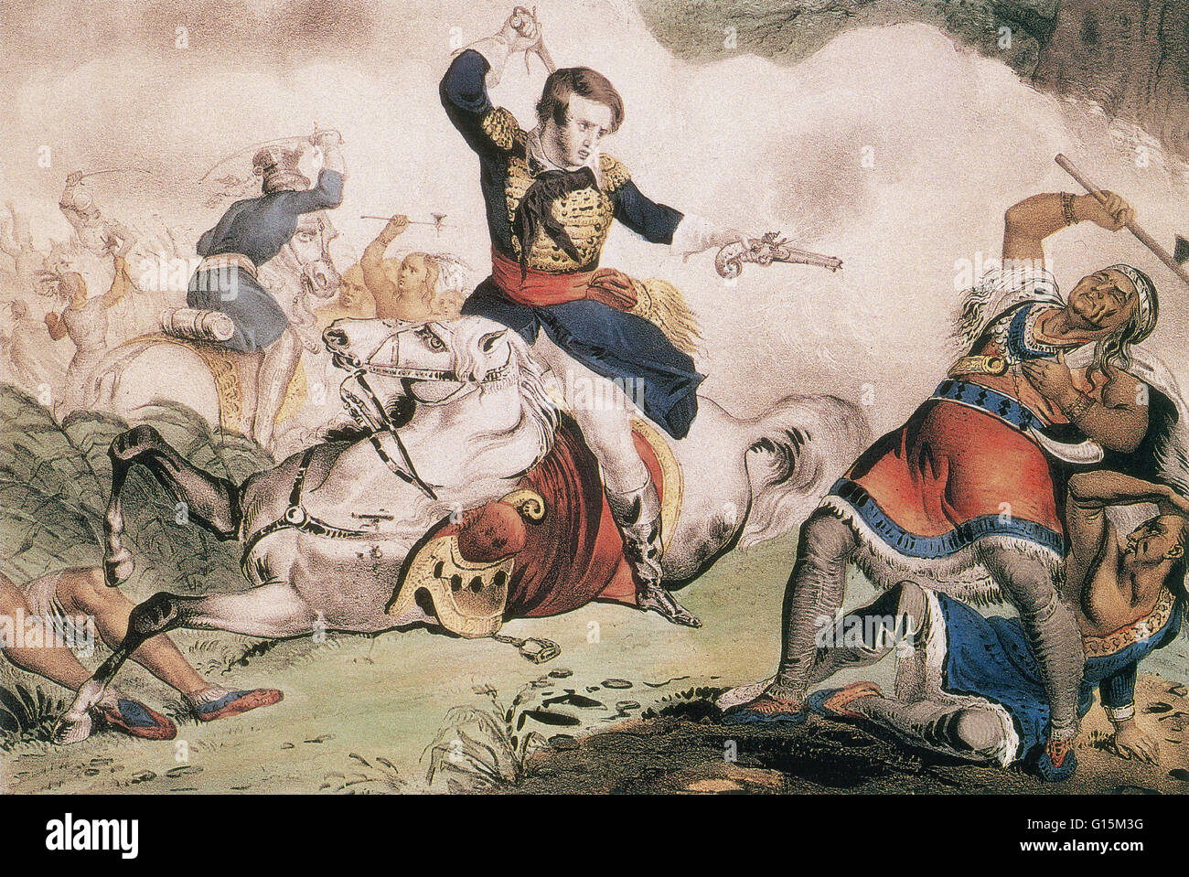 Currier & Ives lithographie représentant le Colonel Richard Johnson Tecumseh tir pendant une charge de cavalerie. Tecumseh (1768-1813) était un chef amérindien de la tribu Shawnee et une grande confédération (la confédération de Tecumseh) qui s'est opposé à l'United State Banque D'Images