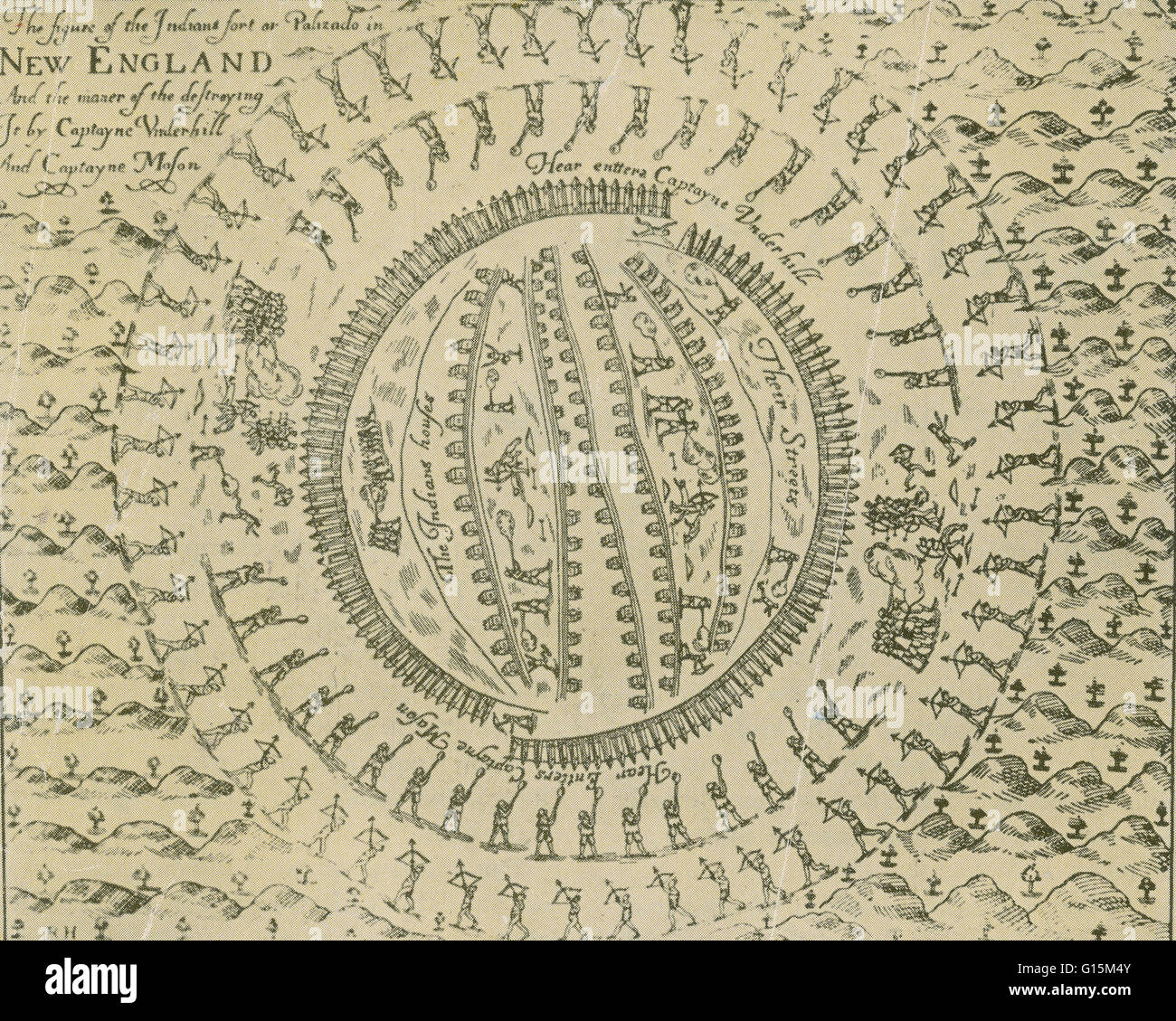Gravure illustrant l'attaque sur le fort Pequot, publié en 1638, présente le premier entouré d'une bague intérieure de mousquetaires Colonial et un anneau extérieur de leurs alliés.Le Mohegan Mystic massacre a eu lieu le 26 mai 1637, au cours de la guerre Pequot, quand E Banque D'Images