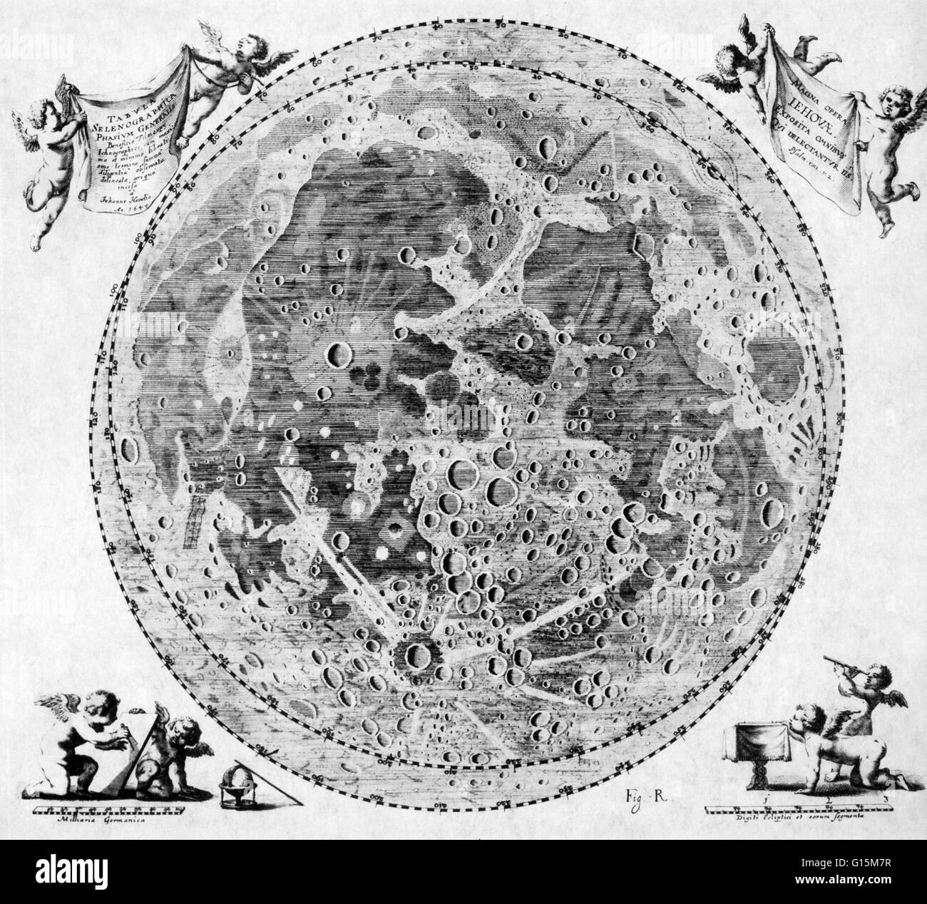 Carte de la Lune par l'astronome polonais Johannes Hevelius (1611-1687), publié en 1654 dans la Selenographia, sive Lunae descriptio (Sélénographie, ou une description de la lune). La carte montre la libration (l'oscillation de la surface visible de la lune), un Banque D'Images