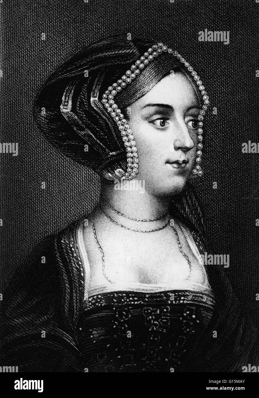 Anne Boleyn (1501 - 19 mai 1536) fut reine d'Angleterre de 1533 à 1536 comme la deuxième femme d'Henry VIII. En 1526, Anne résisté à Henry VIII tente de séduire et refusé de devenir sa maîtresse que sa sœur Marie avait. Quand il est devenu clair que le Pape Banque D'Images