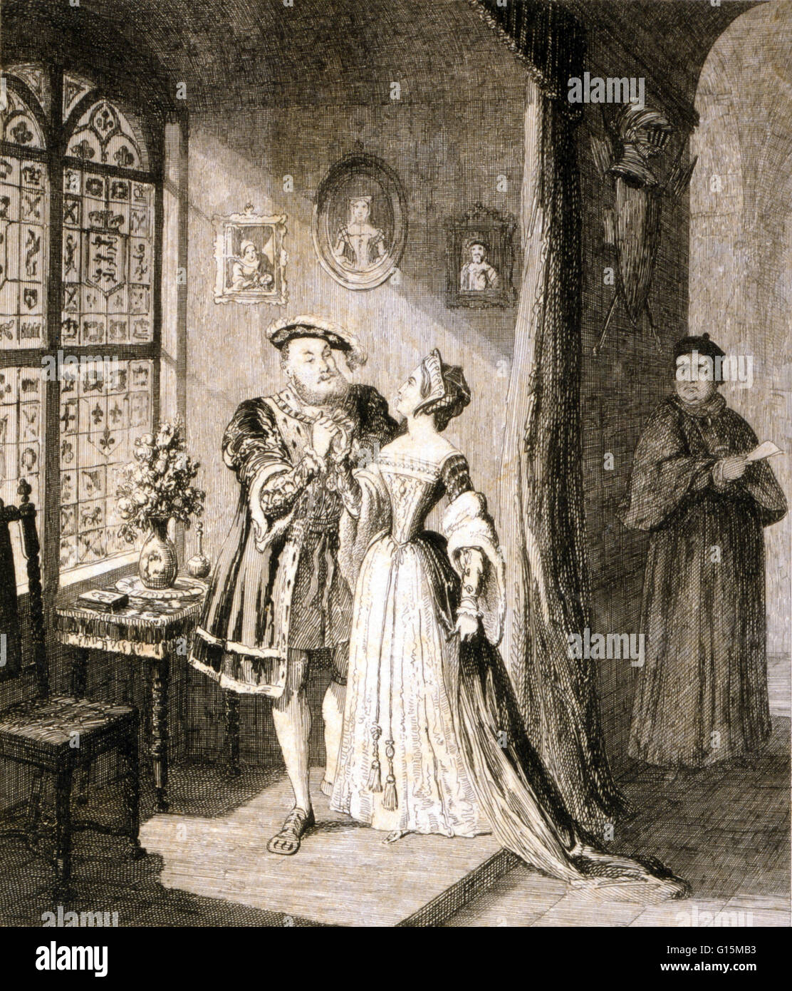 Eau-forte intitulée : Henry's la réconciliation avec Anne Boleyn. Anne Boleyn (1501 - 19 mai 1536) fut reine d'Angleterre de 1533 à 1536 comme la deuxième femme d'Henry VIII. En 1526, Anne résisté à Henry VIII tente de séduire et refusé de devenir son mistr Banque D'Images