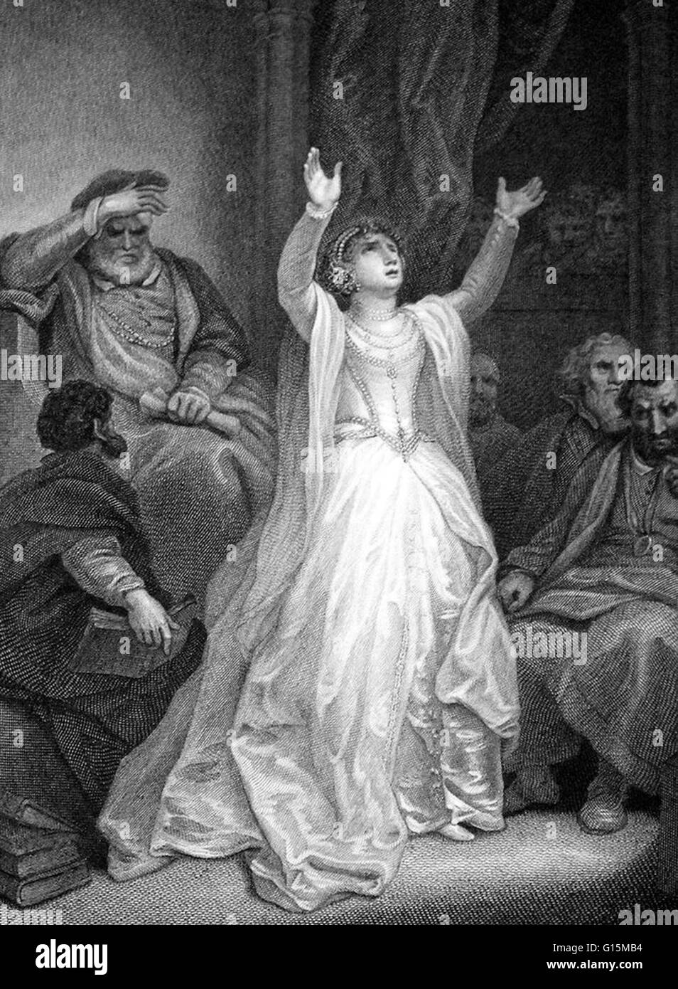 Gravure intitulée : Condamnation de Anne Boleyn. Anne Boleyn (1501 - 19 mai 1536) fut reine d'Angleterre de 1533 à 1536 comme la deuxième femme d'Henry VIII. En 1526, Anne résisté à Henry VIII tente de séduire et refusé de devenir sa maîtresse comme sa Banque D'Images