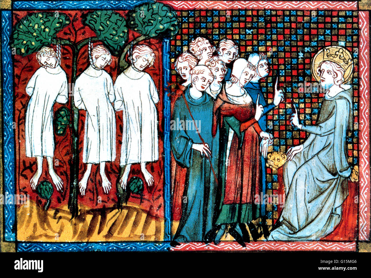 Le roi Louis IX de France porte un jugement lorsque l'Abbé de Saint Nicolas-au-Bois accuse un Knight (Enguerrand de Coucy) de pendaison à tort trois jeunes hommes. À partir d'une illustration de 1330 français. Louis IX (25 avril 1214 - 25 août 1270), communément Saint Lo Banque D'Images