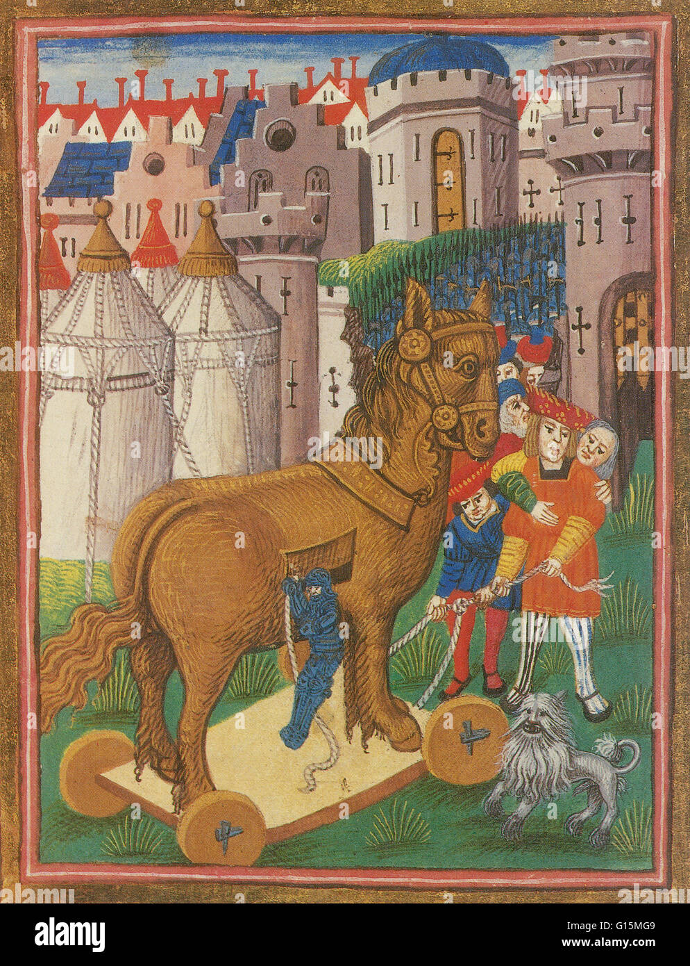 Le cheval de Troie d'un fin du 15ème siècle illustration du poète John Lydgate's Troy Livre. Le cheval de Troie est une histoire de la guerre de Troie sur le stratagème qui a permis aux Grecs pour enfin entrer dans la ville de Troie et de mettre fin au conflit. Dans la canonica Banque D'Images